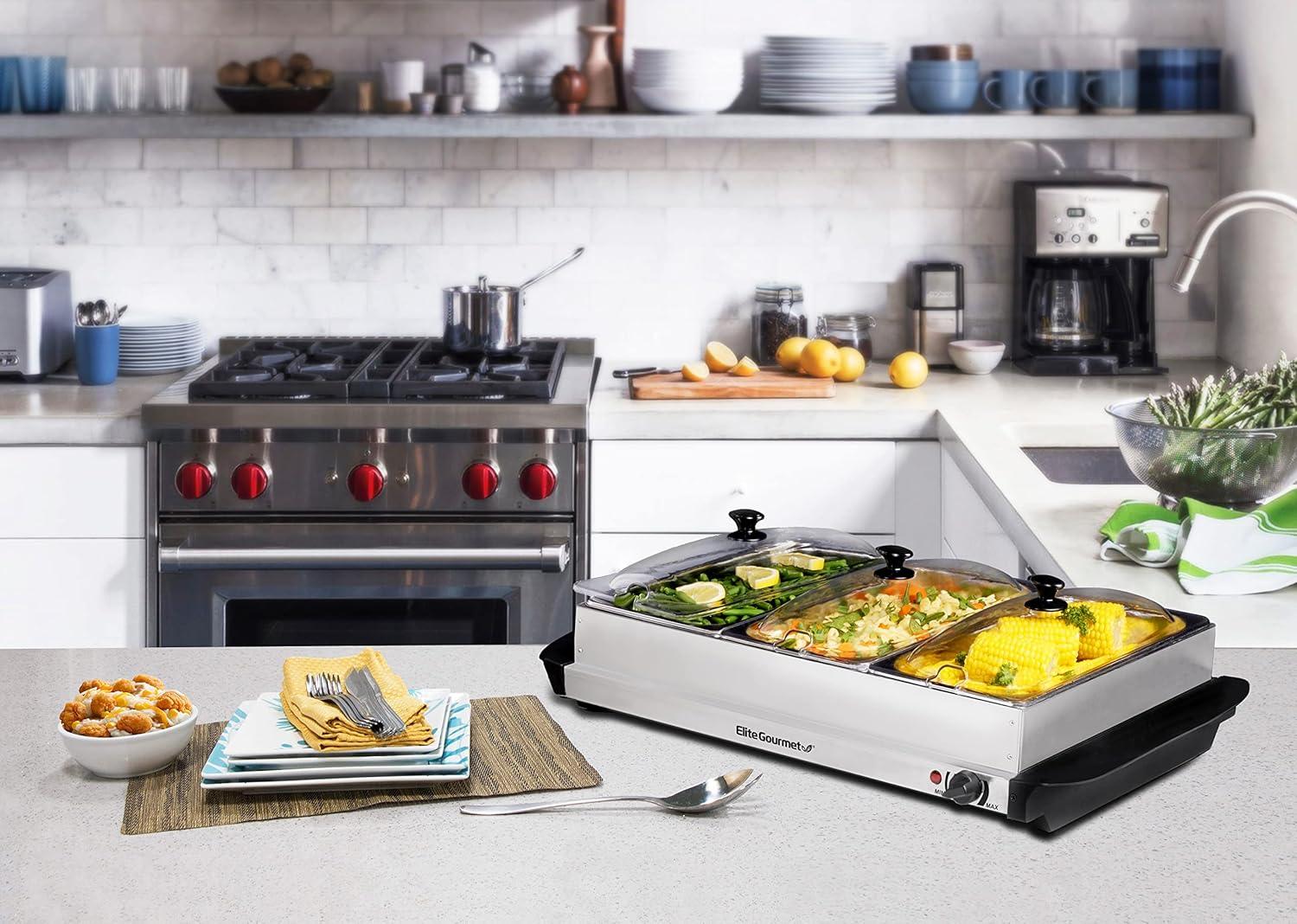 imageElite Gourmet EWM6171 Triple 3 x 25 Qt Trays Buffet Server Food Warmer Temperature Control Clear Slotted Lids Perfect for Parties Entertaining amp Holidays 75 Qt Total Stainless Steel75 Quart 3 Trays