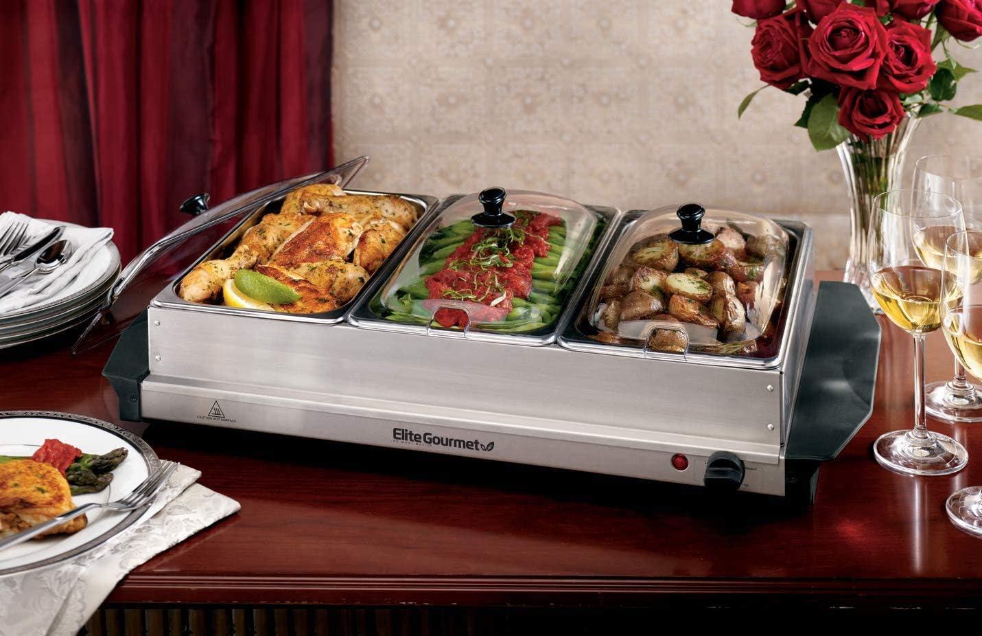 imageElite Gourmet EWM6171 Triple 3 x 25 Qt Trays Buffet Server Food Warmer Temperature Control Clear Slotted Lids Perfect for Parties Entertaining amp Holidays 75 Qt Total Stainless Steel75 Quart 3 Trays