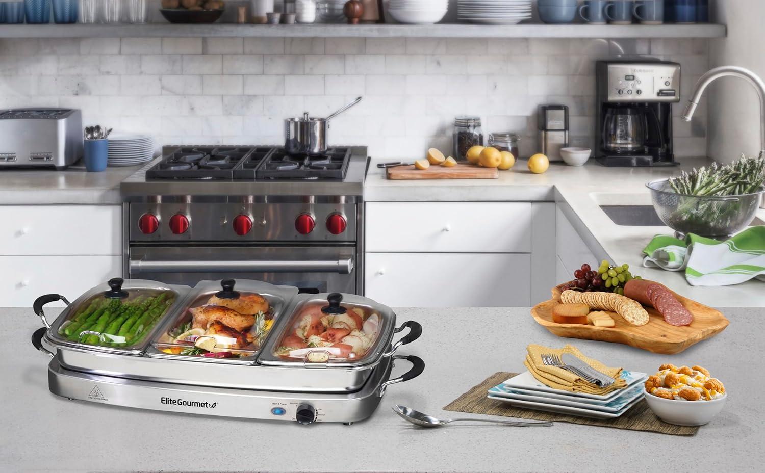 imageElite Gourmet EWM9933 Triple 3 x 25 Quart Trays Buffet Server 75 Qt Oven Safe Pan Food Warmer Temperature Control Clear Slotted Lids Perfect for Parties Entertaining amp Holidays Stainless Steel75 Quart 4 Trays