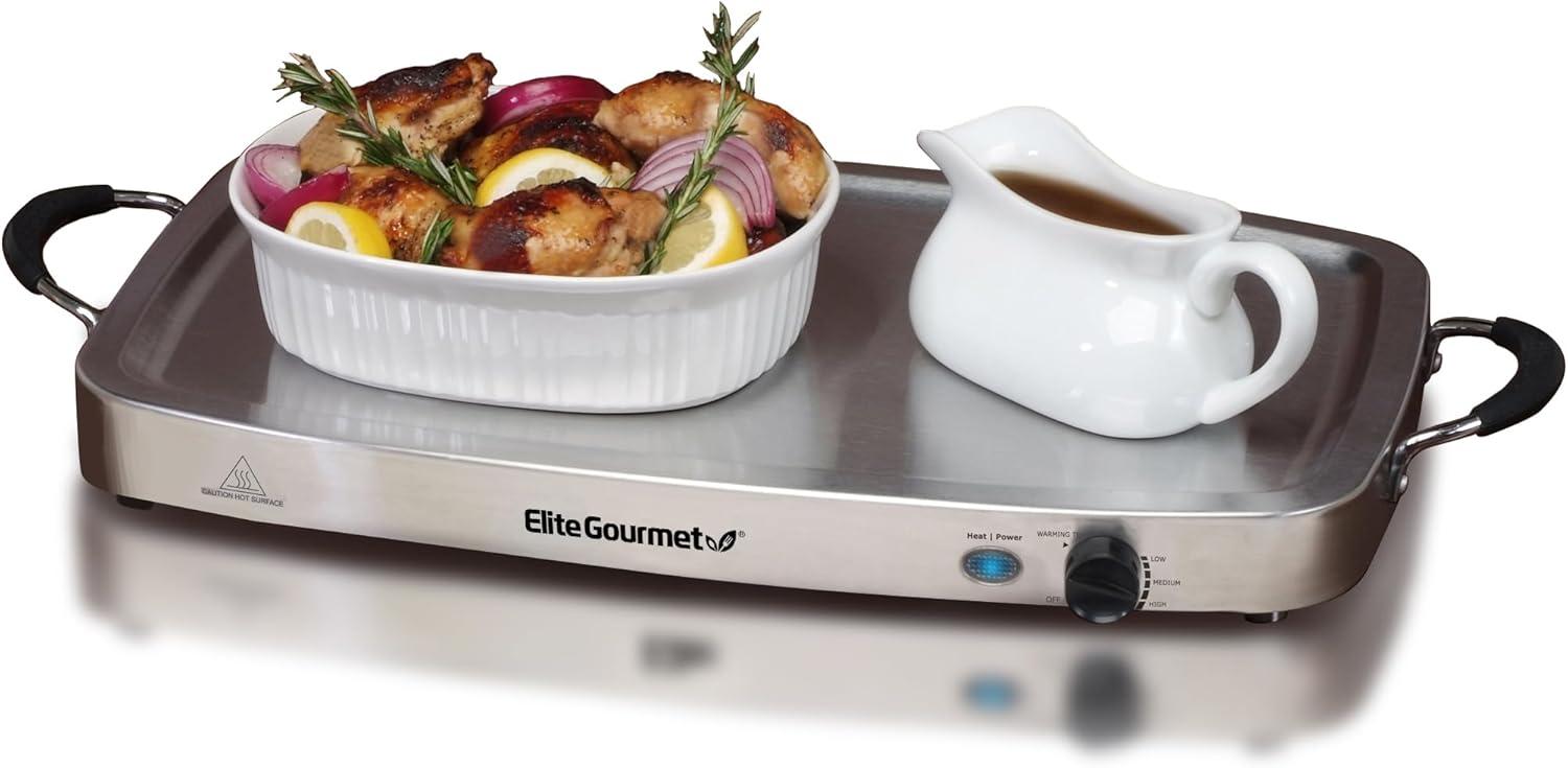 imageElite Gourmet EWM9933 Triple 3 x 25 Quart Trays Buffet Server 75 Qt Oven Safe Pan Food Warmer Temperature Control Clear Slotted Lids Perfect for Parties Entertaining amp Holidays Stainless Steel75 Quart 4 Trays
