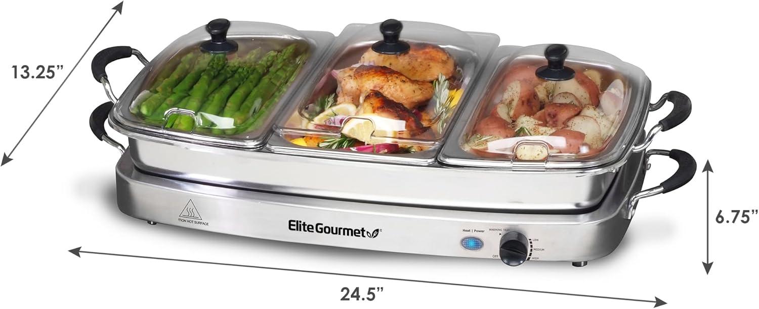 imageElite Gourmet EWM9933 Triple 3 x 25 Quart Trays Buffet Server 75 Qt Oven Safe Pan Food Warmer Temperature Control Clear Slotted Lids Perfect for Parties Entertaining amp Holidays Stainless Steel75 Quart 4 Trays