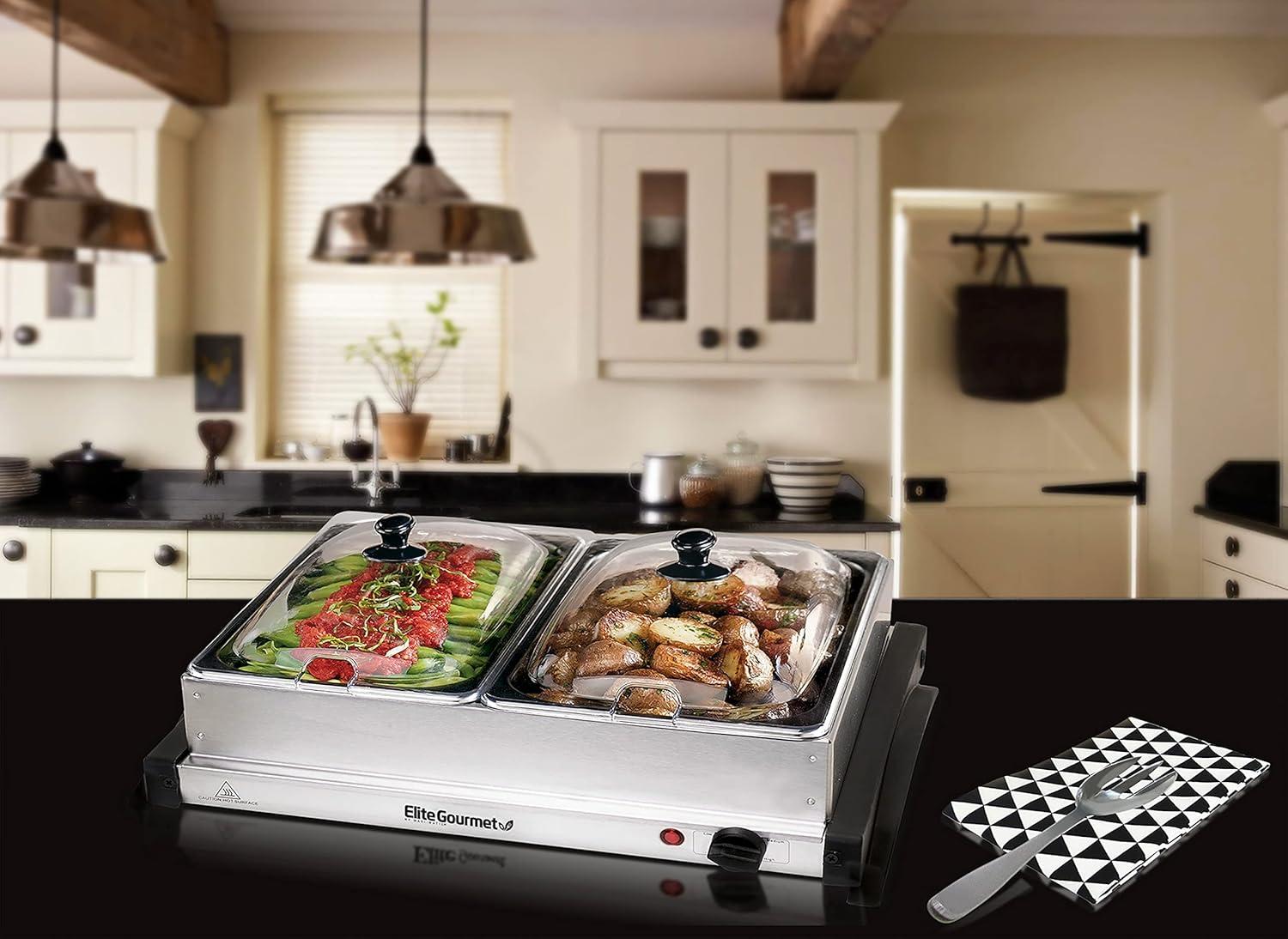 imageElite Gourmet EWM9933 Triple 3 x 25 Quart Trays Buffet Server 75 Qt Oven Safe Pan Food Warmer Temperature Control Clear Slotted Lids Perfect for Parties Entertaining amp Holidays Stainless Steel5 Quart