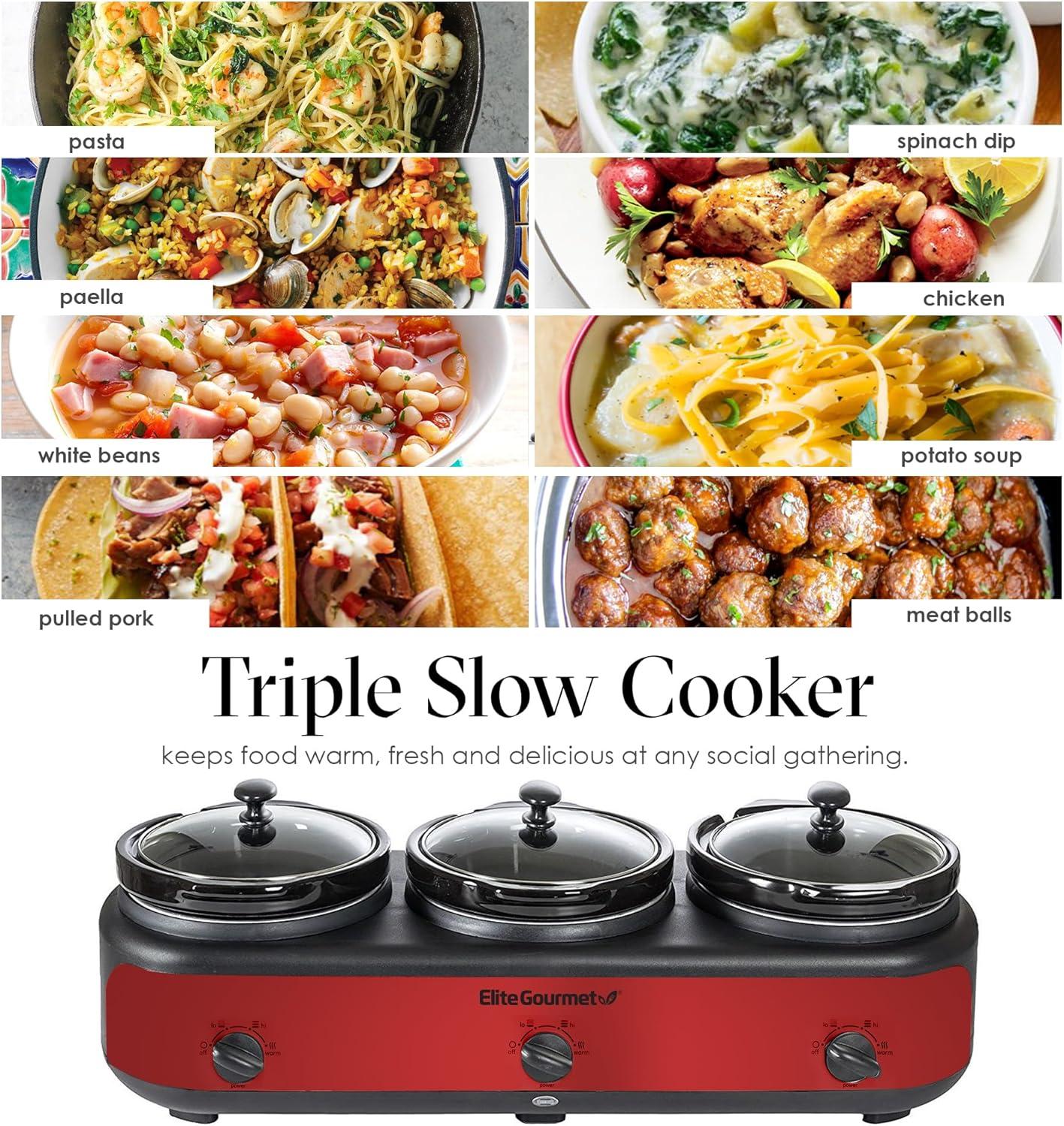 imageElite Gourmet EWMST325R MaxiMatic Triple Slow Cooker Buffet Server Adjustable Temp DishwasherSafe Oval Ceramic Pots Lid Rests 3 x 25 Qt Capacity RedRed