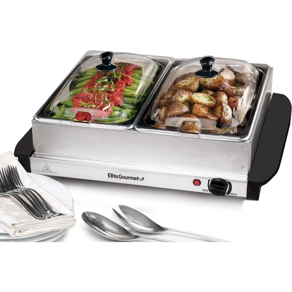 imageElite Gourmet EWM9933 Triple 3 x 25 Quart Trays Buffet Server 75 Qt Oven Safe Pan Food Warmer Temperature Control Clear Slotted Lids Perfect for Parties Entertaining amp Holidays Stainless Steel5 Quart