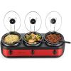 Elite Gourmet EWMST-325R Maxi-Matic Triple Slow Cooker Buffet Server Adjustable Temp Dishwasher-Safe Oval Ceramic Pots, Lid Rests, 3 x 2.5 Qt Capacity, Red(Red)