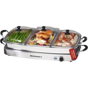 Elite Gourmet EWM-9933 Triple 3 x 2.5 Quart Trays Buffet Server 7.5 Qt Oven Safe Pan Food Warmer, Temperature Control, Clear Slotted Lids, Perfect for Parties, Entertaining & Holidays, Stainless Steel(7.5 Quart / 4 Trays)