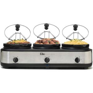 Elite Gourmet EWMST-325R Maxi-Matic Triple Slow Cooker Buffet Server Adjustable Temp Dishwasher-Safe Oval Ceramic Pots, Lid Rests, 3 x 2.5 Qt Capacity, Red(Stainless Steel)