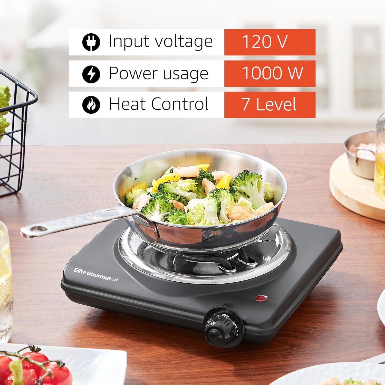 imageElite Gourmet Countertop Electric Burner 1000W Cast Iron Hot Plate 7 Heat Settings Portable Cooktop for RV Dorm Office amp Small Kitchens RoadReady amp CompactSingle