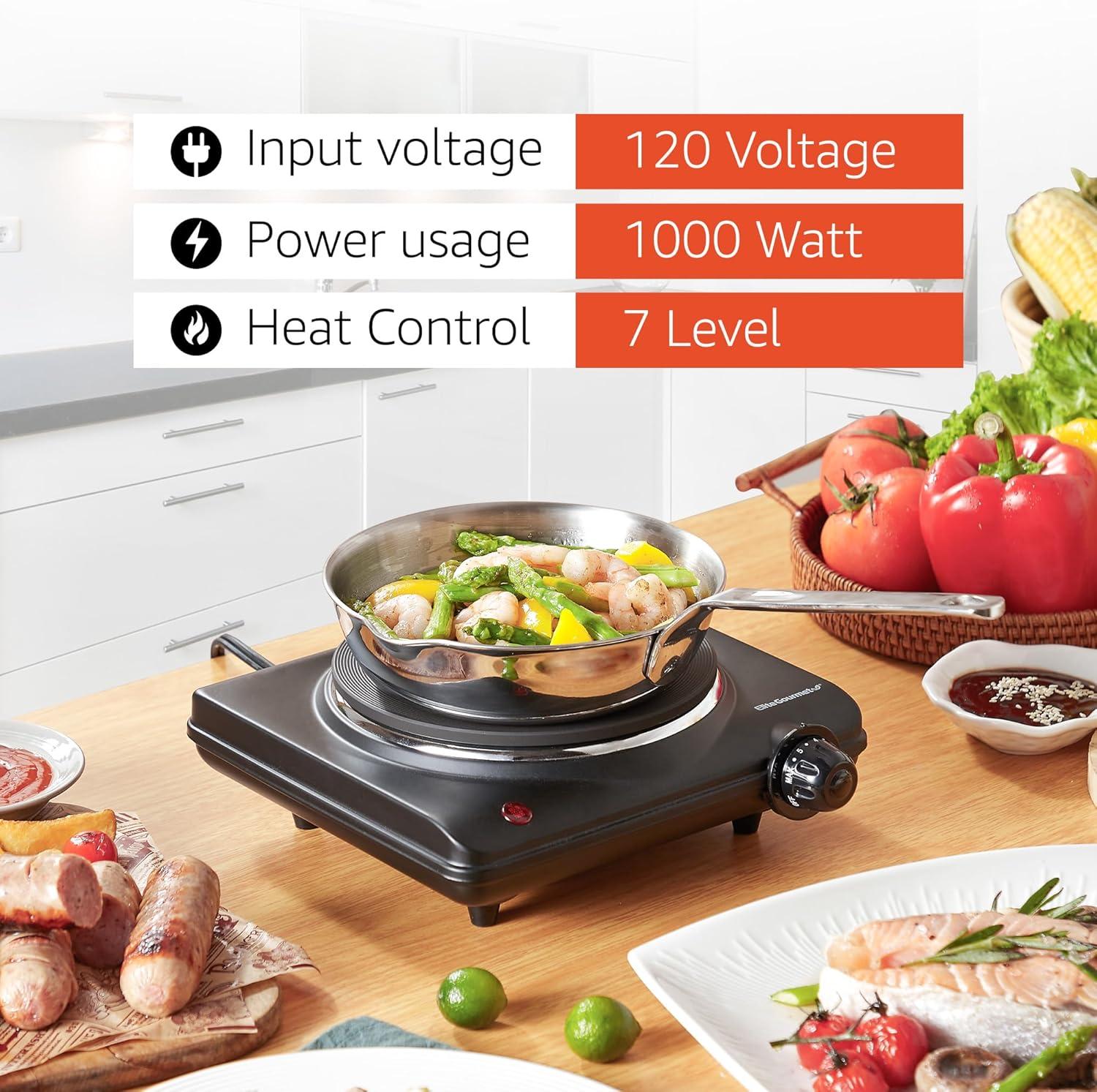 imageElite Gourmet Countertop Electric Burner 1000W Cast Iron Hot Plate 7 Heat Settings Portable Cooktop for RV Dorm Office amp Small Kitchens RoadReady amp CompactSingle