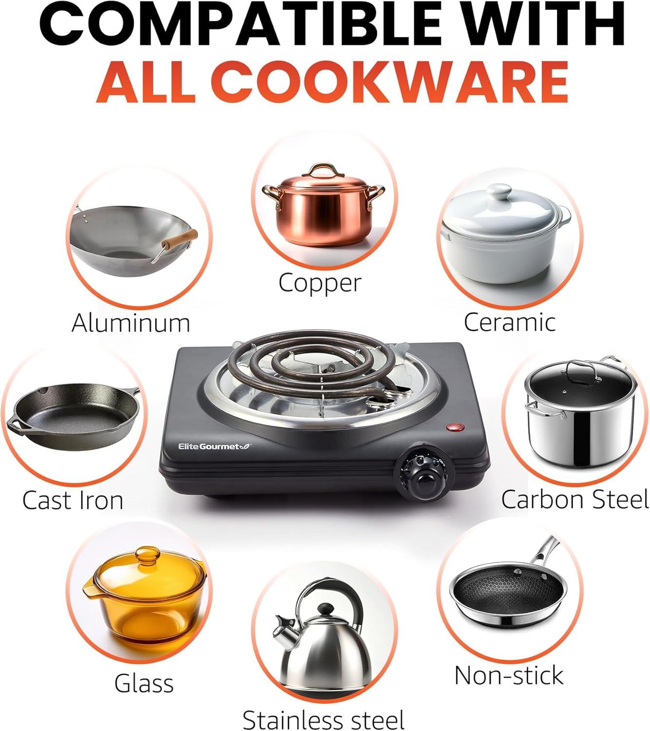 imageElite Gourmet Countertop Electric Burner 1000W Cast Iron Hot Plate 7 Heat Settings Portable Cooktop for RV Dorm Office amp Small Kitchens RoadReady amp CompactSingle