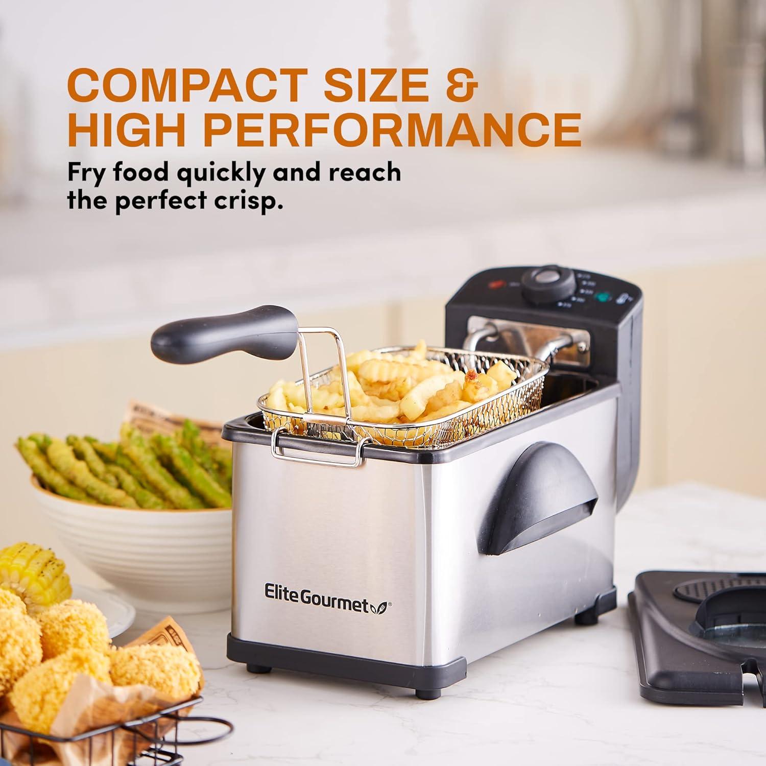 imageElite Gourmet EDF3500 Electric Immersion Deep Fryer Removable Basket Timer Control Adjustable Temperature Lid with Viewing Window and Odor Free FilterStainless Steel35 Quart 14 Cup2 Quart 82 cup