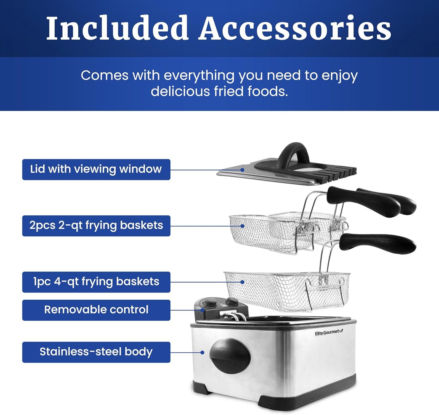 imageElite Gourmet Electric Deep Fryer 45 Qt Total Oil Capacity Dual 2Qt Split Baskets 1700 Watts Stainless Steel Separates Foods for Simultaneous Cooking Stainless SteelStainless Steel and Black
