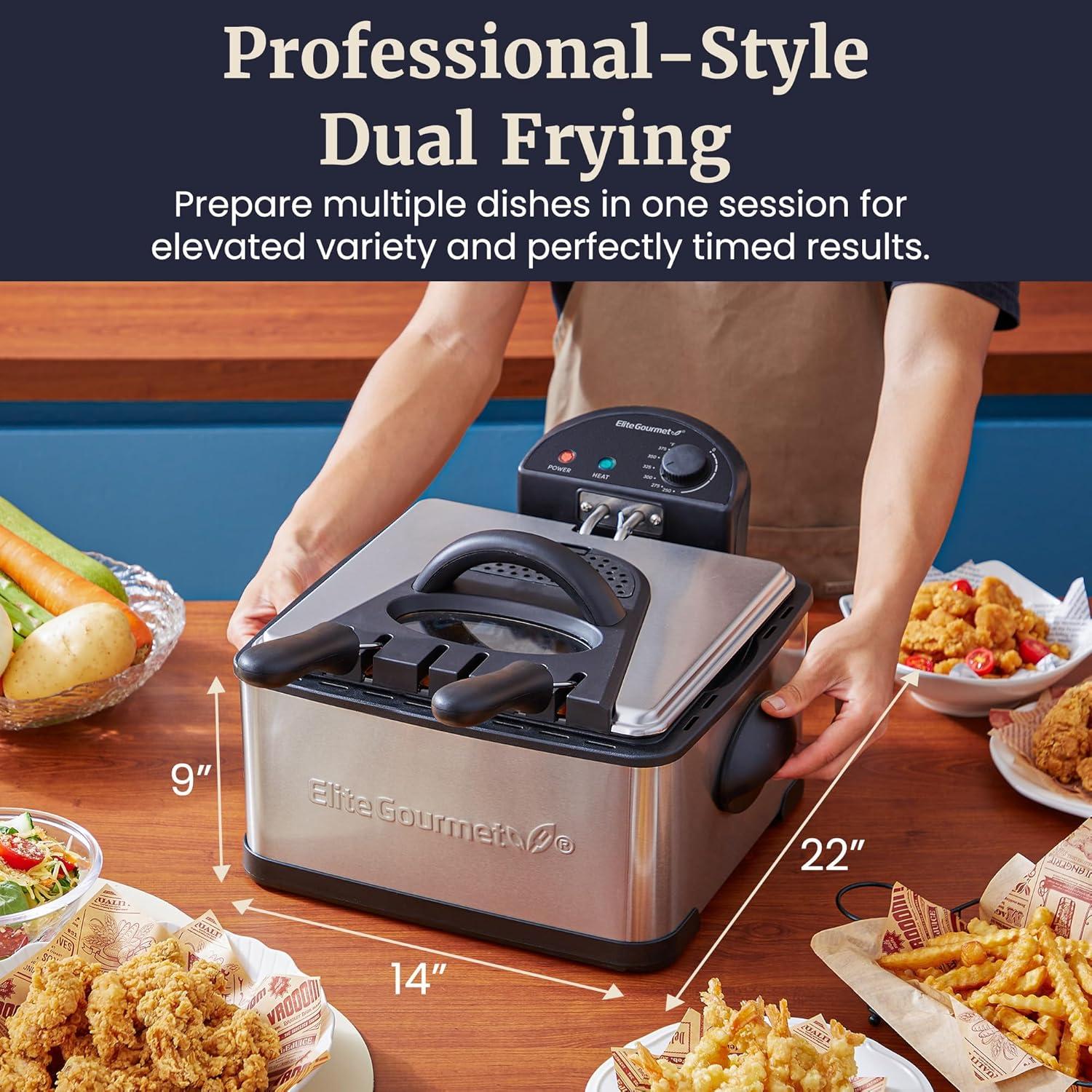 imageElite Gourmet Electric Deep Fryer 45 Qt Total Oil Capacity Dual 2Qt Split Baskets 1700 Watts Stainless Steel Separates Foods for Simultaneous Cooking Stainless SteelStainless Steel and Black