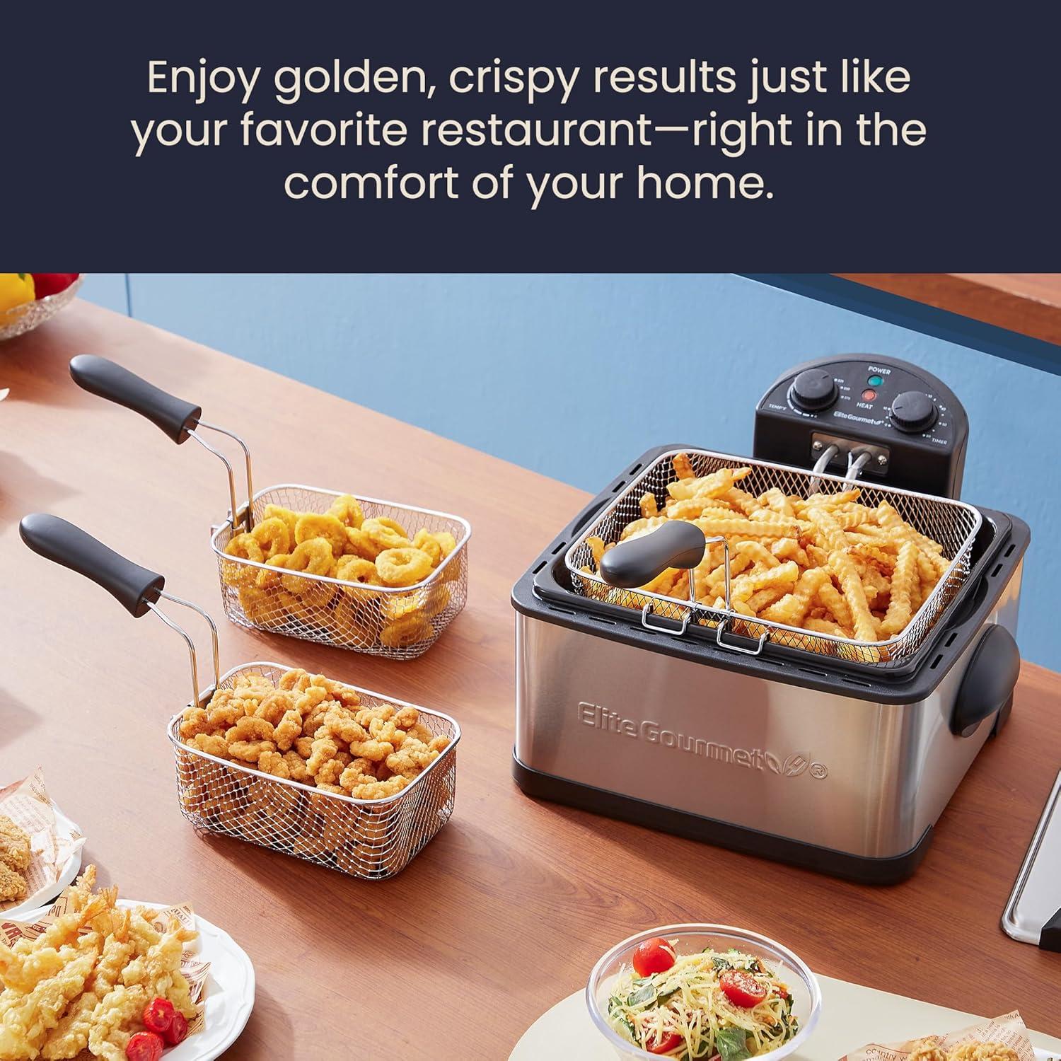 imageElite Gourmet Electric Deep Fryer 45 Qt Total Oil Capacity Dual 2Qt Split Baskets 1700 Watts Stainless Steel Separates Foods for Simultaneous Cooking Stainless SteelBlack