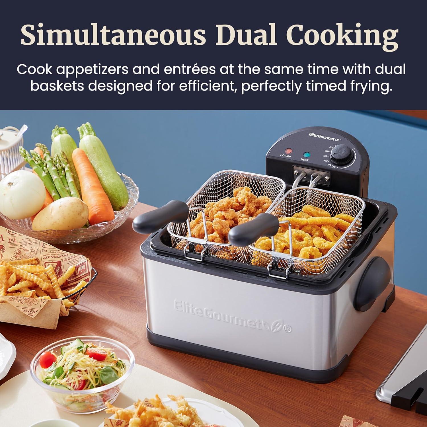 imageElite Gourmet Electric Deep Fryer 45 Qt Total Oil Capacity Dual 2Qt Split Baskets 1700 Watts Stainless Steel Separates Foods for Simultaneous Cooking Stainless SteelStainless Steel and Black