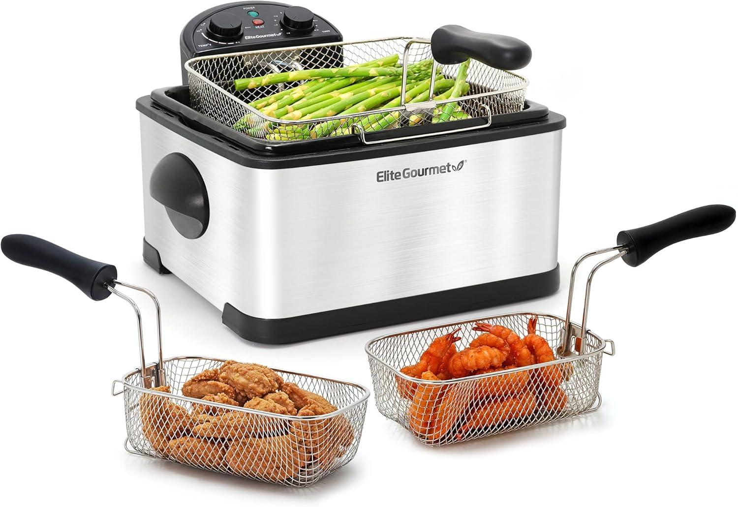 imageElite Gourmet Electric Deep Fryer 45 Qt Total Oil Capacity Dual 2Qt Split Baskets 1700 Watts Stainless Steel Separates Foods for Simultaneous Cooking Stainless SteelStainless Steel and Black