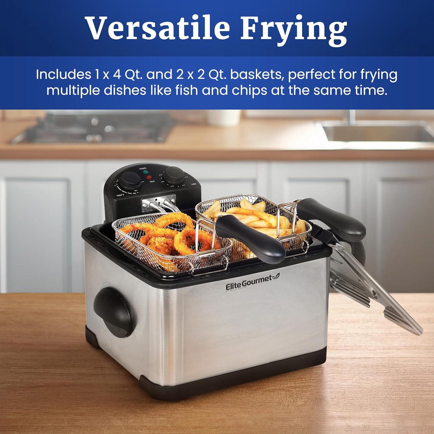 imageElite Gourmet Electric Deep Fryer 45 Qt Total Oil Capacity Dual 2Qt Split Baskets 1700 Watts Stainless Steel Separates Foods for Simultaneous Cooking Stainless SteelStainless Steel and Black