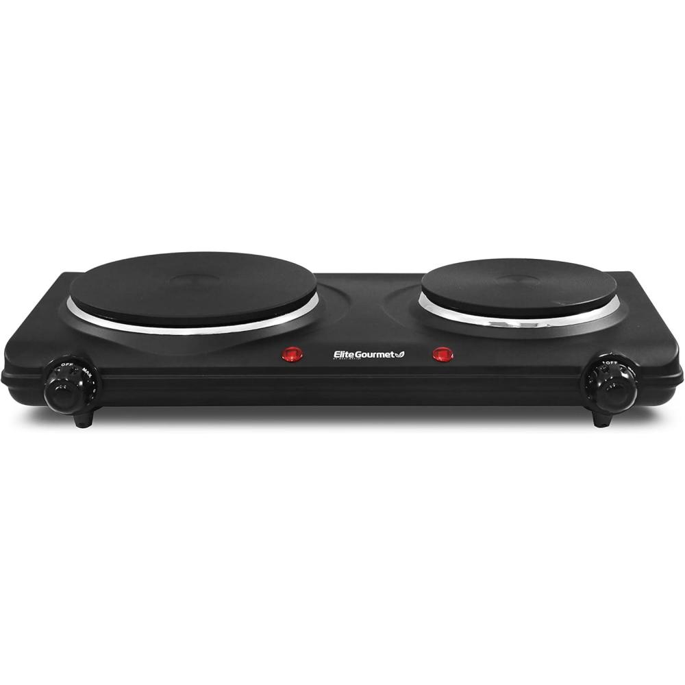 imageElite Gourmet EDB302BF Countertop Double Cast Iron Burner 1500 Watts Electric Hot Plate Temperature Controls Power Indicator Lights Easy to Clean BlackCast Double