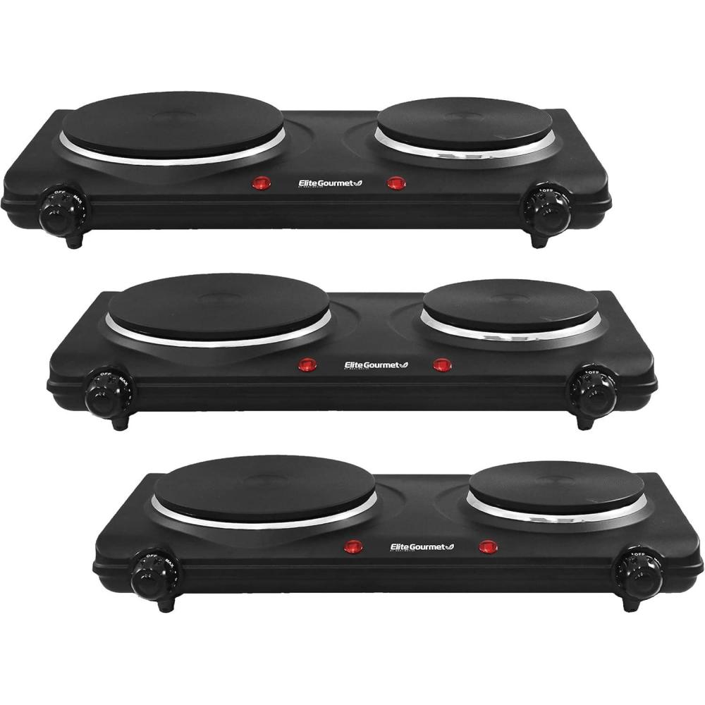 imageElite Gourmet EDB302BF Countertop Double Cast Iron Burner 1500 Watts Electric Hot Plate Temperature Controls Power Indicator Lights Easy to Clean BlackCast Double Pack of 3