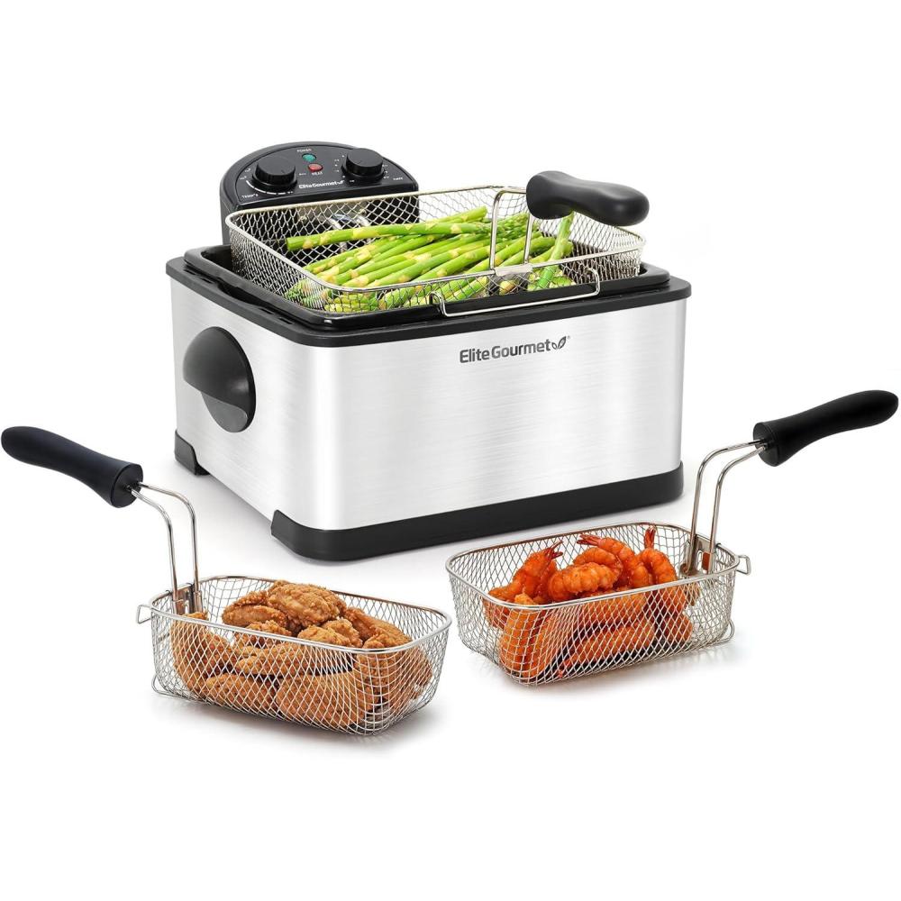 imageElite Gourmet EDF401TX 1700Watt Triple Basket Electric Deep Fryer with Timer and Temperature Knobs and Odor Free Filter 42L 18Cup BlackBlack