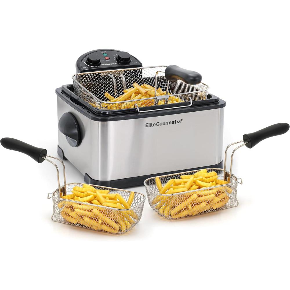 imageElite Gourmet Electric Deep Fryer 45 Qt Total Oil Capacity Dual 2Qt Split Baskets 1700 Watts Stainless Steel Separates Foods for Simultaneous Cooking Stainless SteelBlack