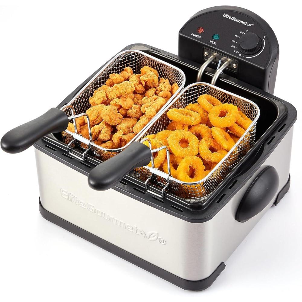 imageElite Gourmet Electric Deep Fryer 45 Qt Total Oil Capacity Dual 2Qt Split Baskets 1700 Watts Stainless Steel Separates Foods for Simultaneous Cooking Stainless SteelStainless Steel and Black