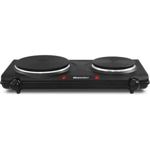 Elite Gourmet EDB-302BF Countertop Double Cast Iron Burner, 1500 Watts Electric Hot Plate, Temperature Controls, Power Indicator Lights, Easy to Clean, Black(Cast Double)