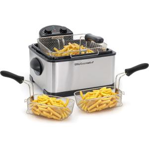 Elite Gourmet Electric Deep Fryer, 4.5 Qt Total Oil Capacity (Dual 2-Qt Split Baskets), 1700 Watts, Stainless Steel, Separates Foods for Simultaneous Cooking, Stainless Steel(Black)