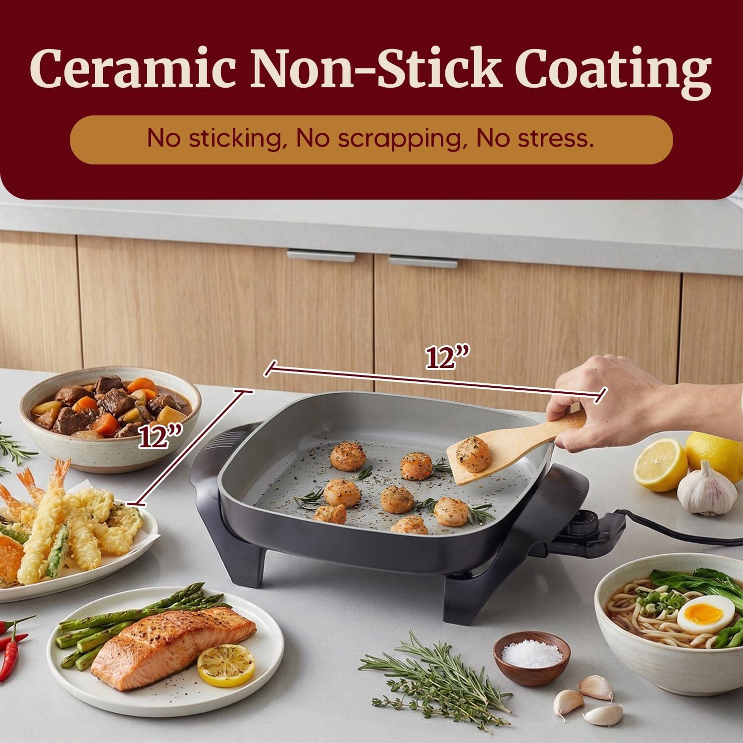 imageElite Gourmet 12 x 12 x 3 Ceralast PFAS Free Ceramic Electric Skillet Dishwasher Safe Xtra Deep Dish Rapid Heat 1200W Black6Qt