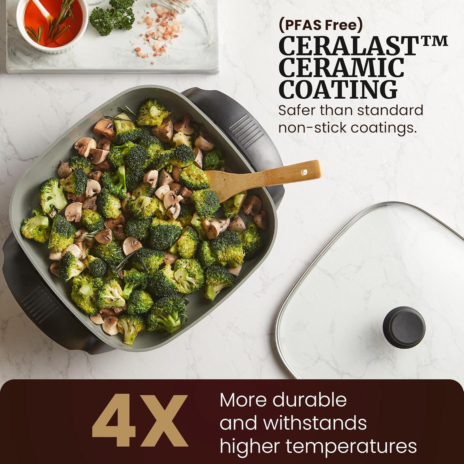 imageElite Gourmet 12 x 12 x 3 Ceralast PFAS Free Ceramic Electric Skillet Dishwasher Safe Xtra Deep Dish Rapid Heat 1200W Black75Qt