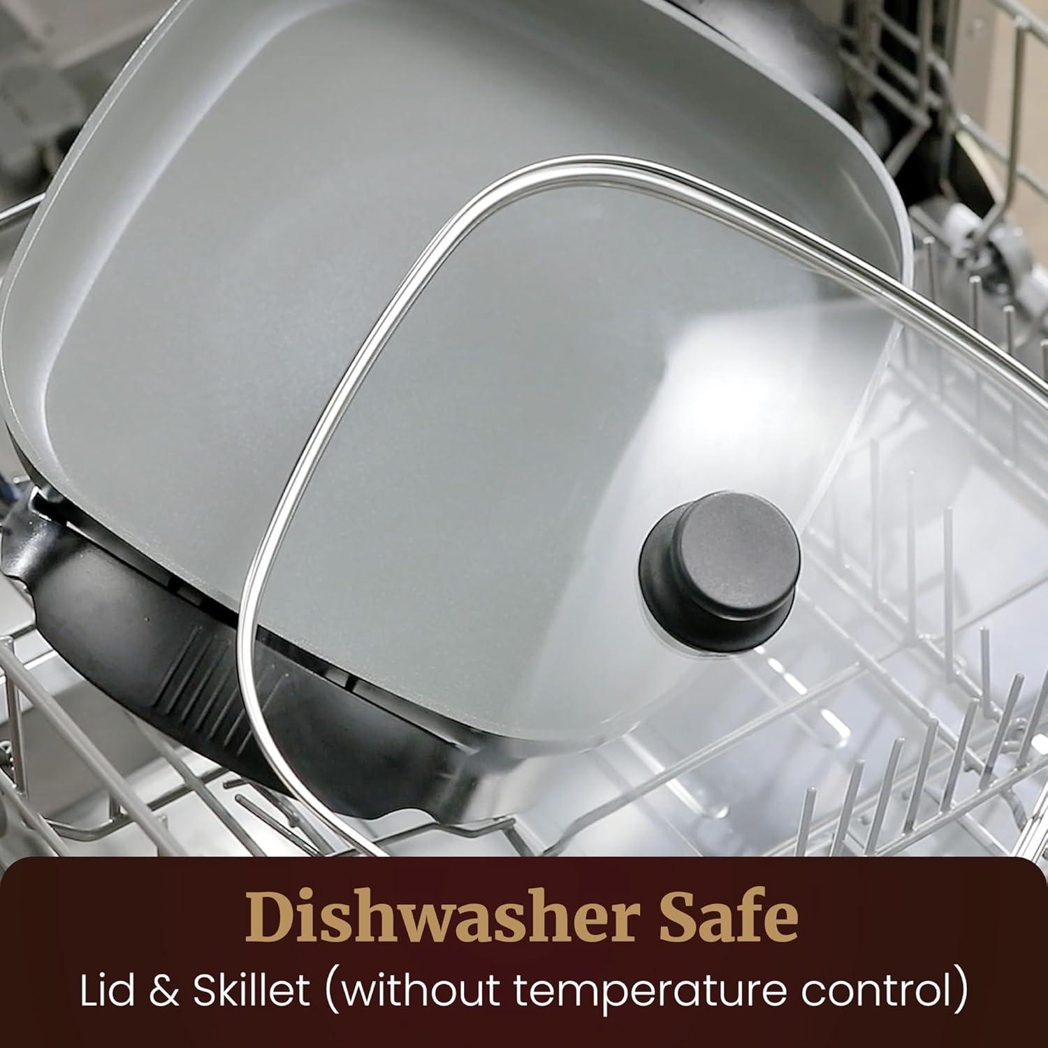 imageElite Gourmet 12 x 12 x 3 Ceralast PFAS Free Ceramic Electric Skillet Dishwasher Safe Xtra Deep Dish Rapid Heat 1200W Black75Qt