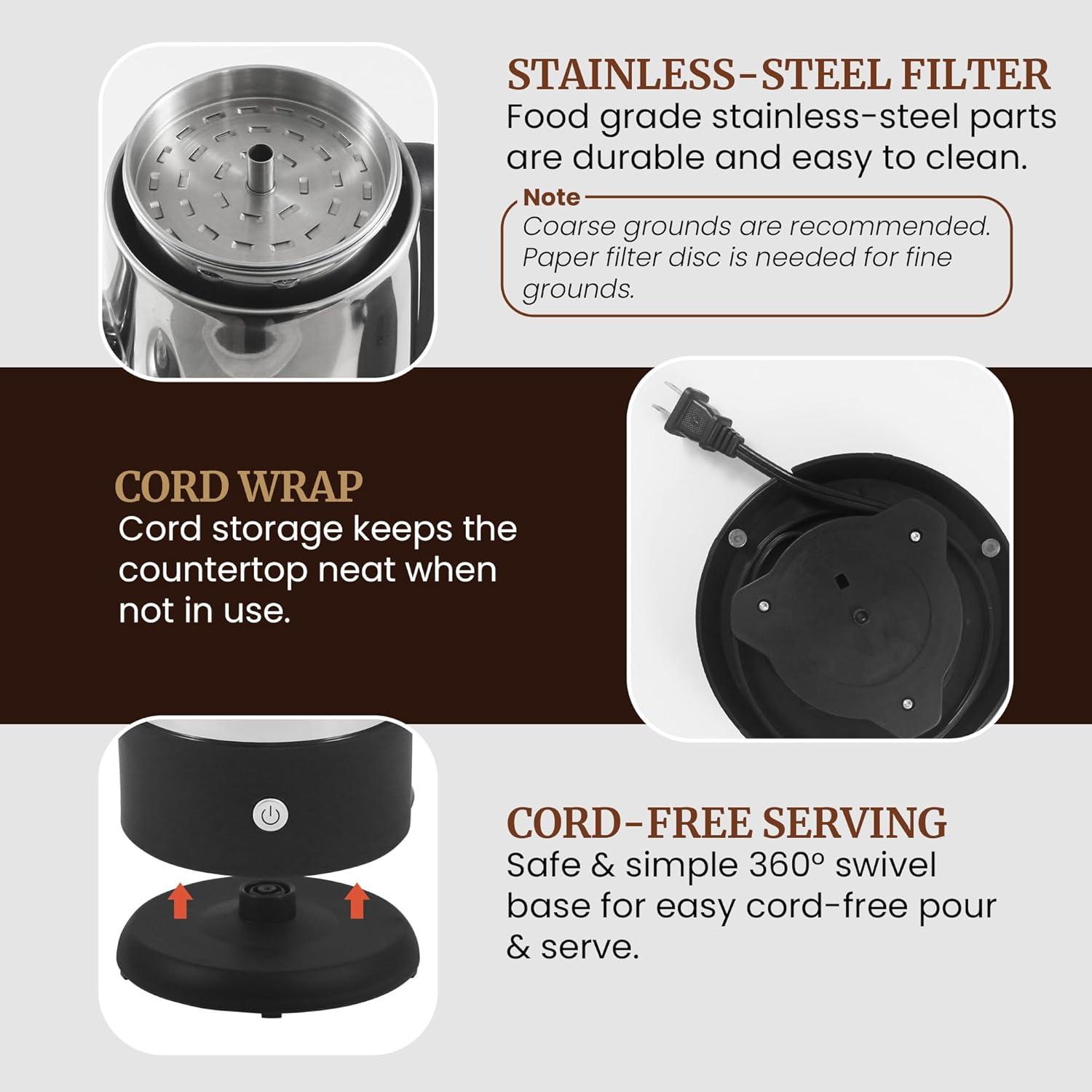 imageElite Gourmet 12Cup Electric Coffee Percolator Dishwasher Safe StainlessSteel Filter Lid amp Tube Keep Warm 360 Swivel Base Cordless Serving StainlessSteel