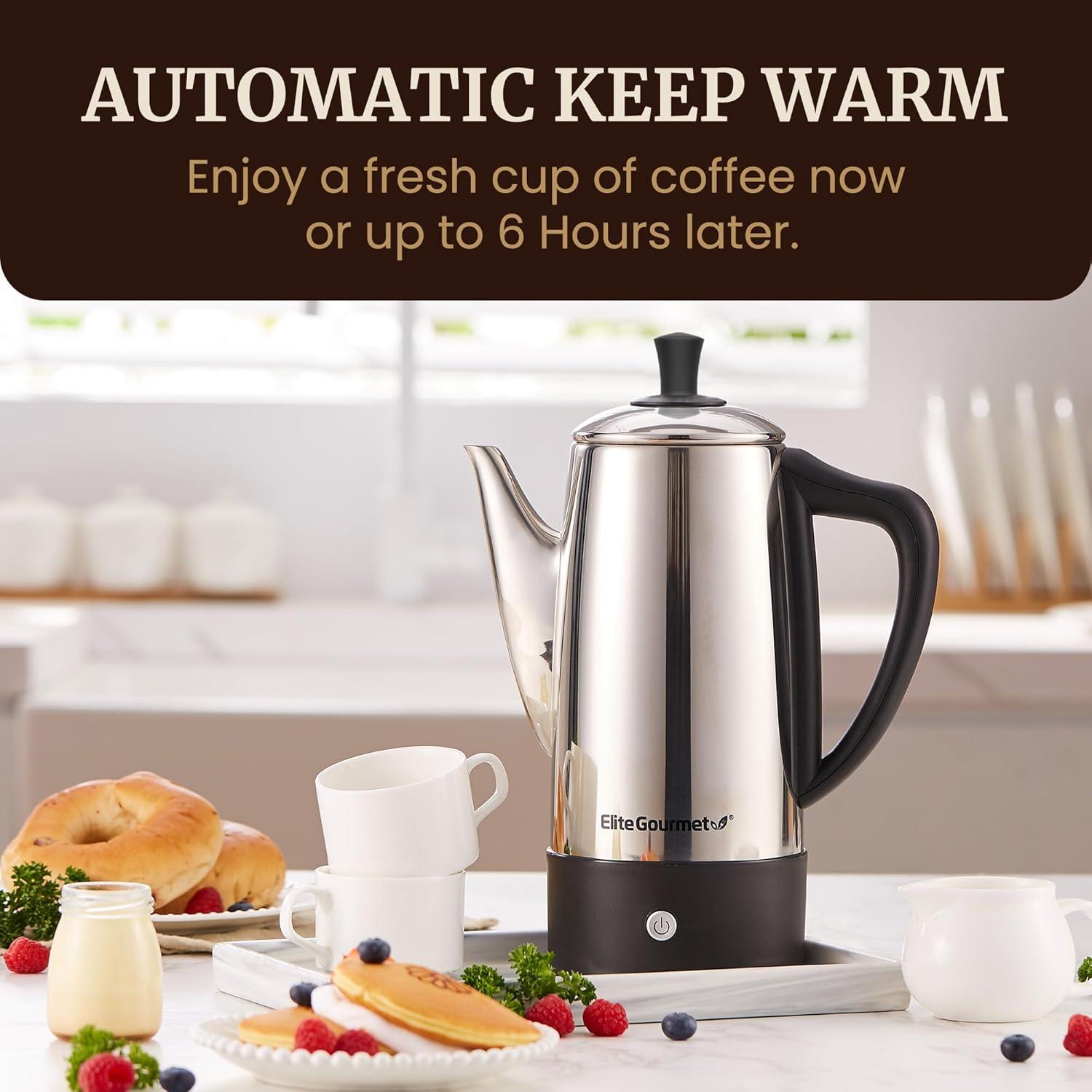 imageElite Gourmet 12Cup Electric Coffee Percolator Dishwasher Safe StainlessSteel Filter Lid amp Tube Keep Warm 360 Swivel Base Cordless Serving StainlessSteel