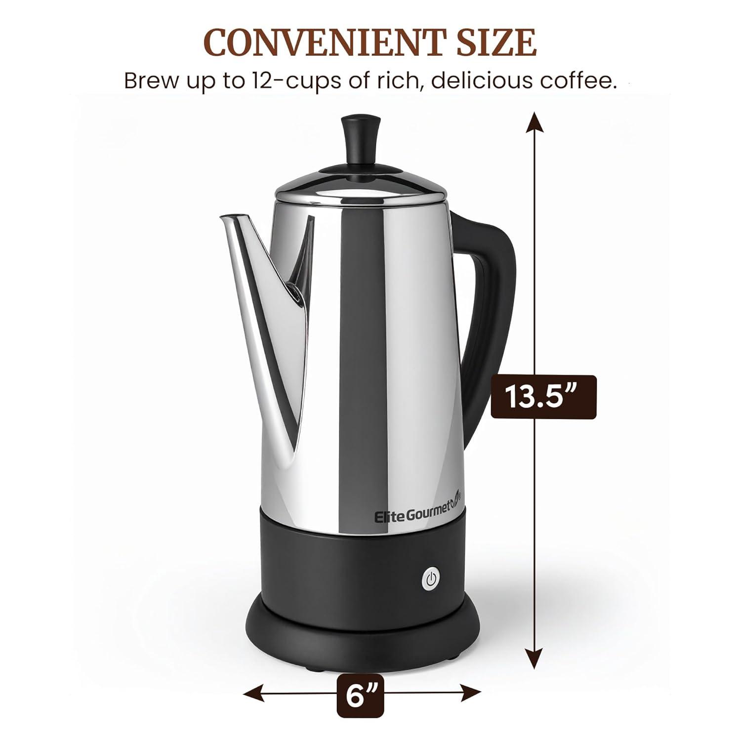 imageElite Gourmet 12Cup Electric Coffee Percolator Dishwasher Safe StainlessSteel Filter Lid amp Tube Keep Warm 360 Swivel Base Cordless Serving StainlessSteel