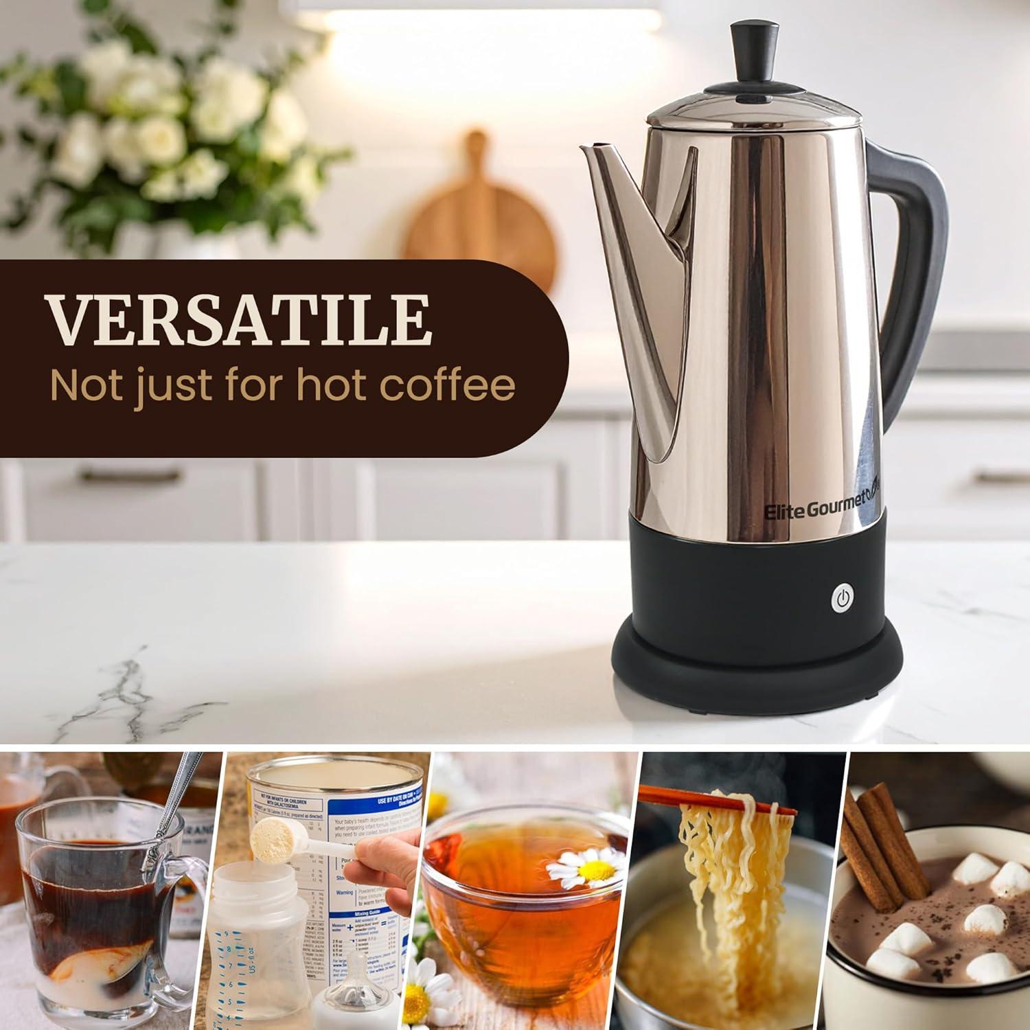 imageElite Gourmet 12Cup Electric Coffee Percolator Dishwasher Safe StainlessSteel Filter Lid amp Tube Keep Warm 360 Swivel Base Cordless Serving StainlessSteel