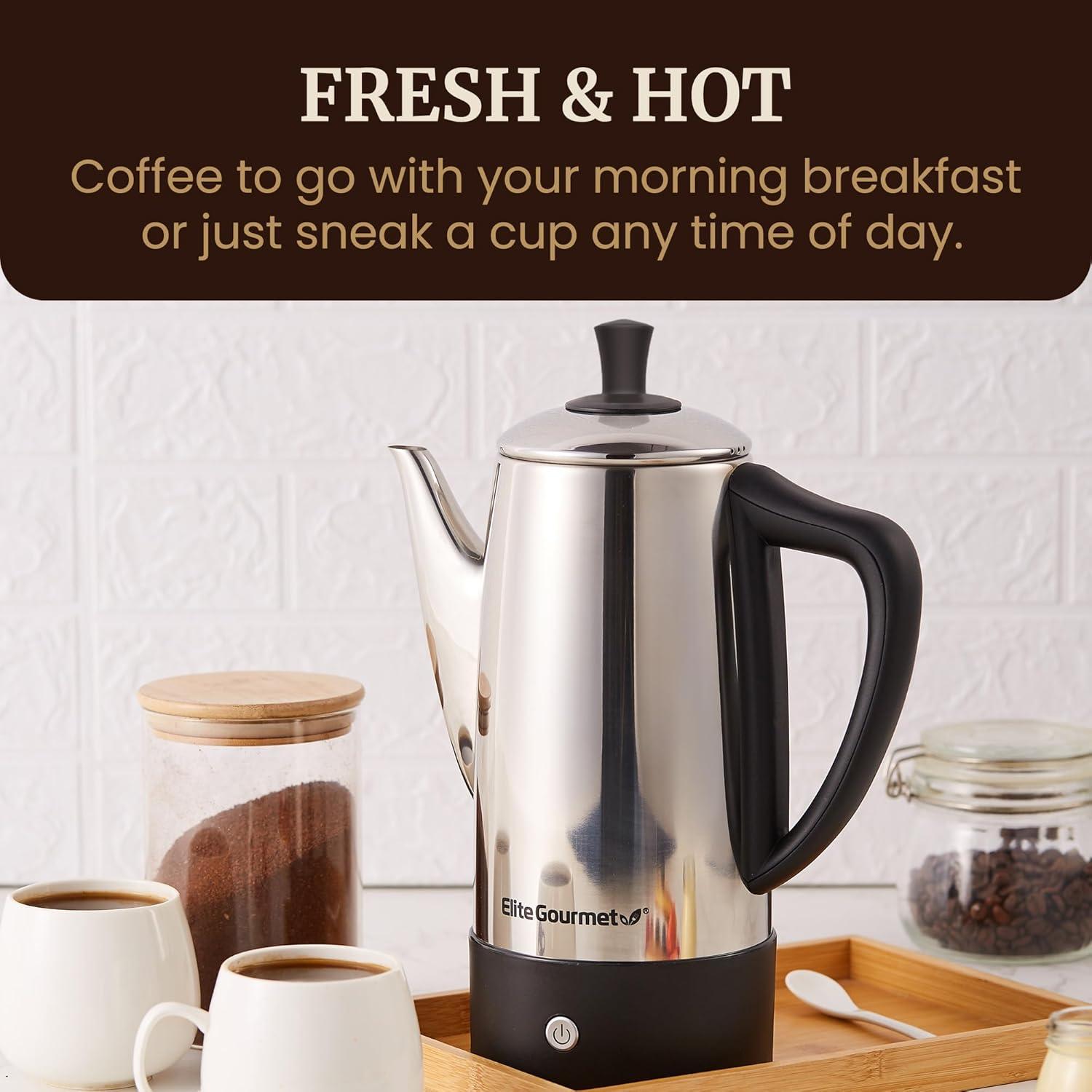 imageElite Gourmet 12Cup Electric Coffee Percolator Dishwasher Safe StainlessSteel Filter Lid amp Tube Keep Warm 360 Swivel Base Cordless Serving StainlessSteel