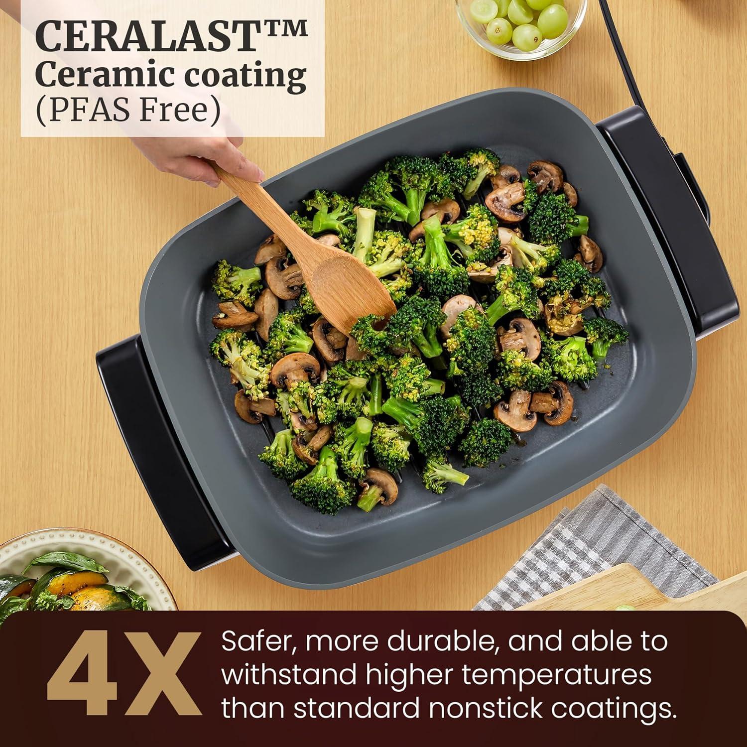 imageElite Gourmet 15 x 12 x 4 Electric Skillet Xtra Deep Dish Ceralast PFAS Free Ceramic 1500W Rapid Heat Tempered Glass Vented Lid Dishwasher Safe 125 Qt BlackGray125Qt