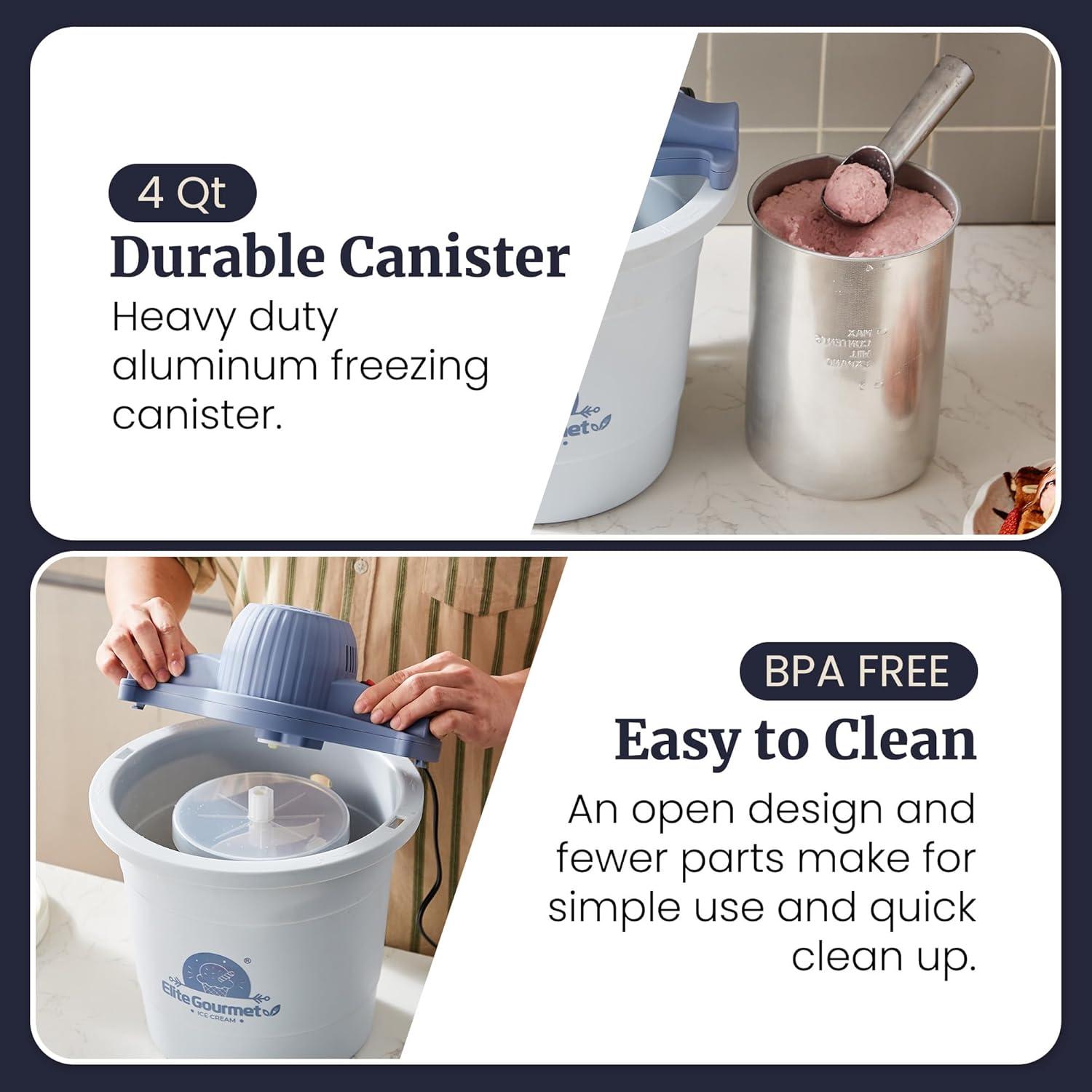 imageElite Gourmet 4Qt Electric Ice Cream Maker EIM350 Delicious Homemade Ice Cream Gelato Sorbet Frozen Yogurt 4Qt Aluminum Freezing Cannister Durable Plastic Ice Bucket Powerful 50W PeriwinklePeriwinkle