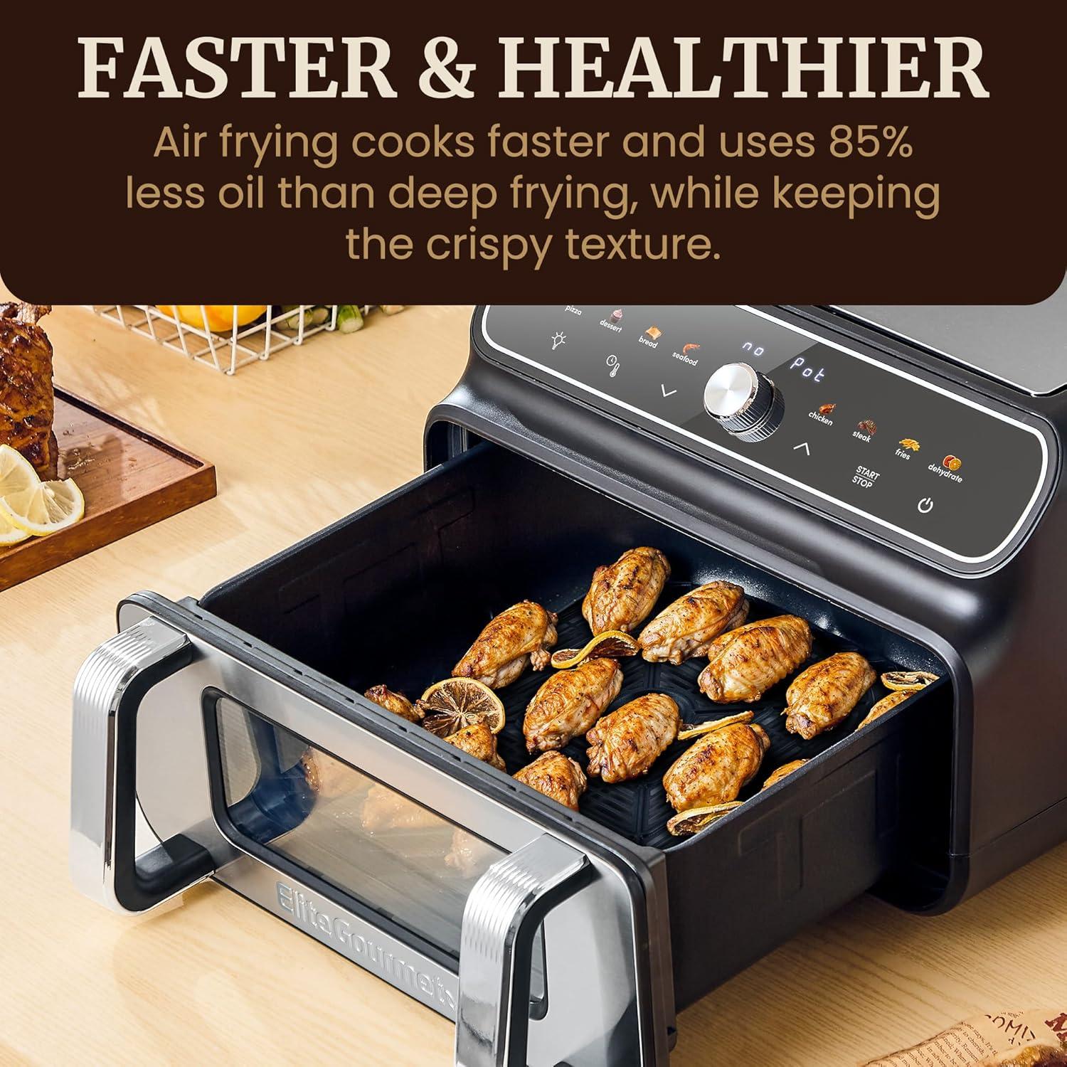 imageElite Gourmet EAF2411G Digital Indoor GrillAir Fryer Oven 11L Capacity Grill Rack 8 Presets Bake Roast Broil Dehydrate 1700Watts 25 Delicious Recipes StainlessSteelBlackBlack