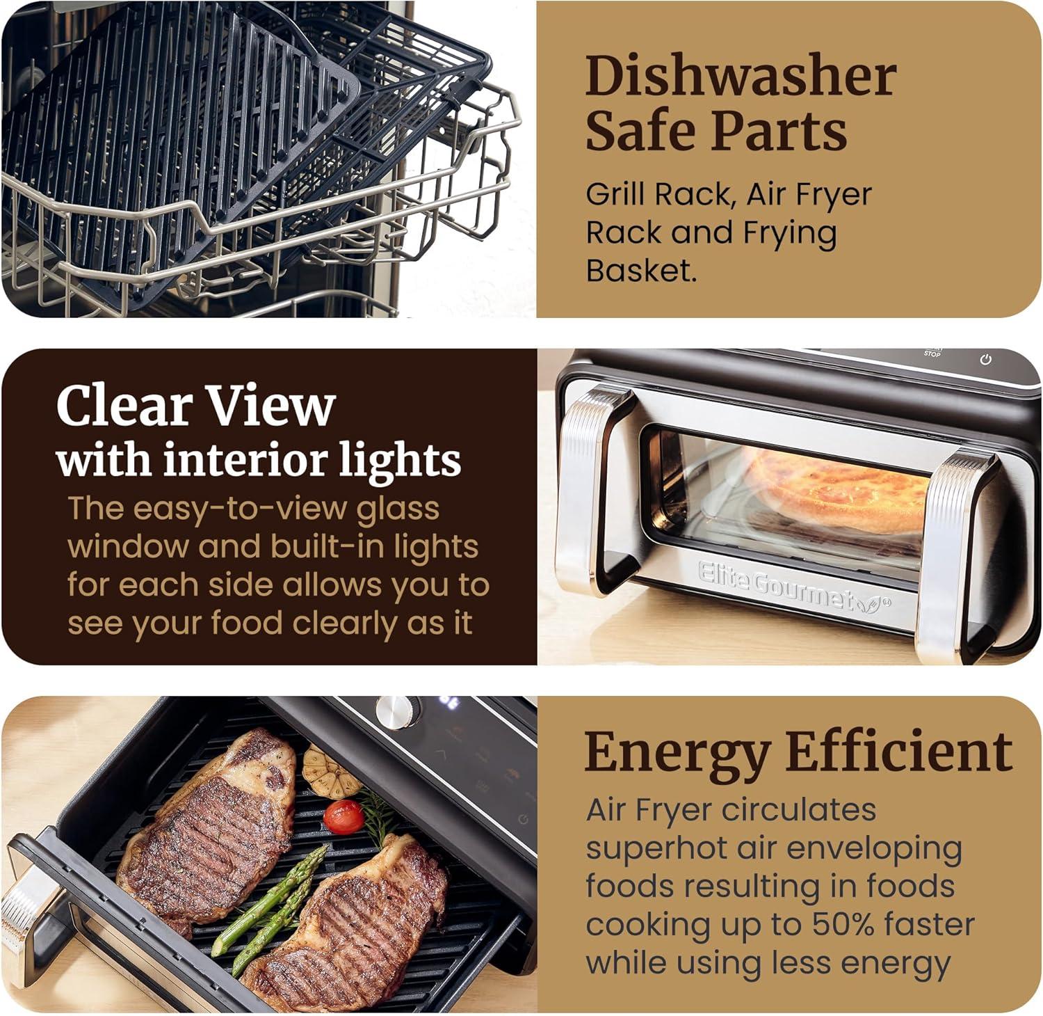 imageElite Gourmet EAF2411G Digital Indoor GrillAir Fryer Oven 11L Capacity Grill Rack 8 Presets Bake Roast Broil Dehydrate 1700Watts 25 Delicious Recipes StainlessSteelBlackBlack