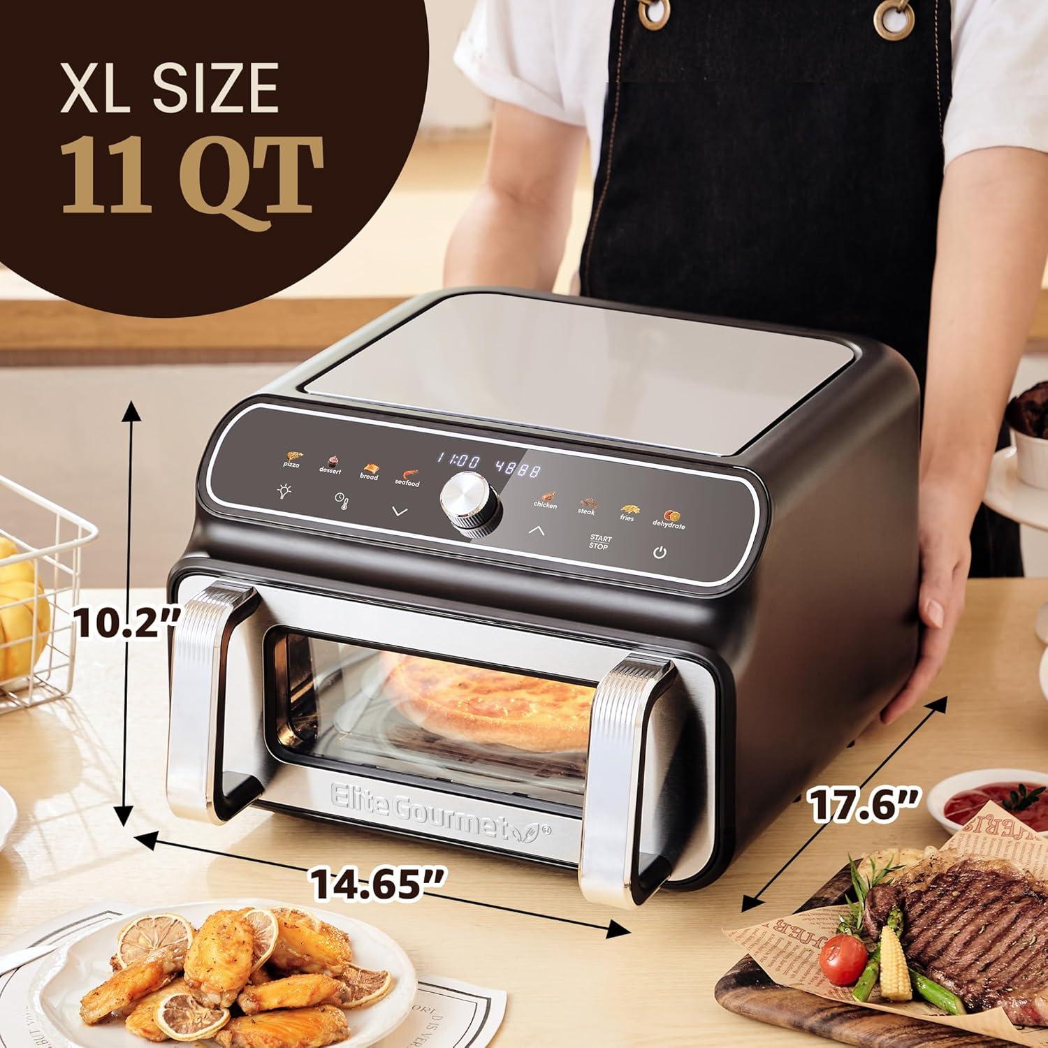 imageElite Gourmet EAF2411G Digital Indoor GrillAir Fryer Oven 11L Capacity Grill Rack 8 Presets Bake Roast Broil Dehydrate 1700Watts 25 Delicious Recipes StainlessSteelBlackBlack
