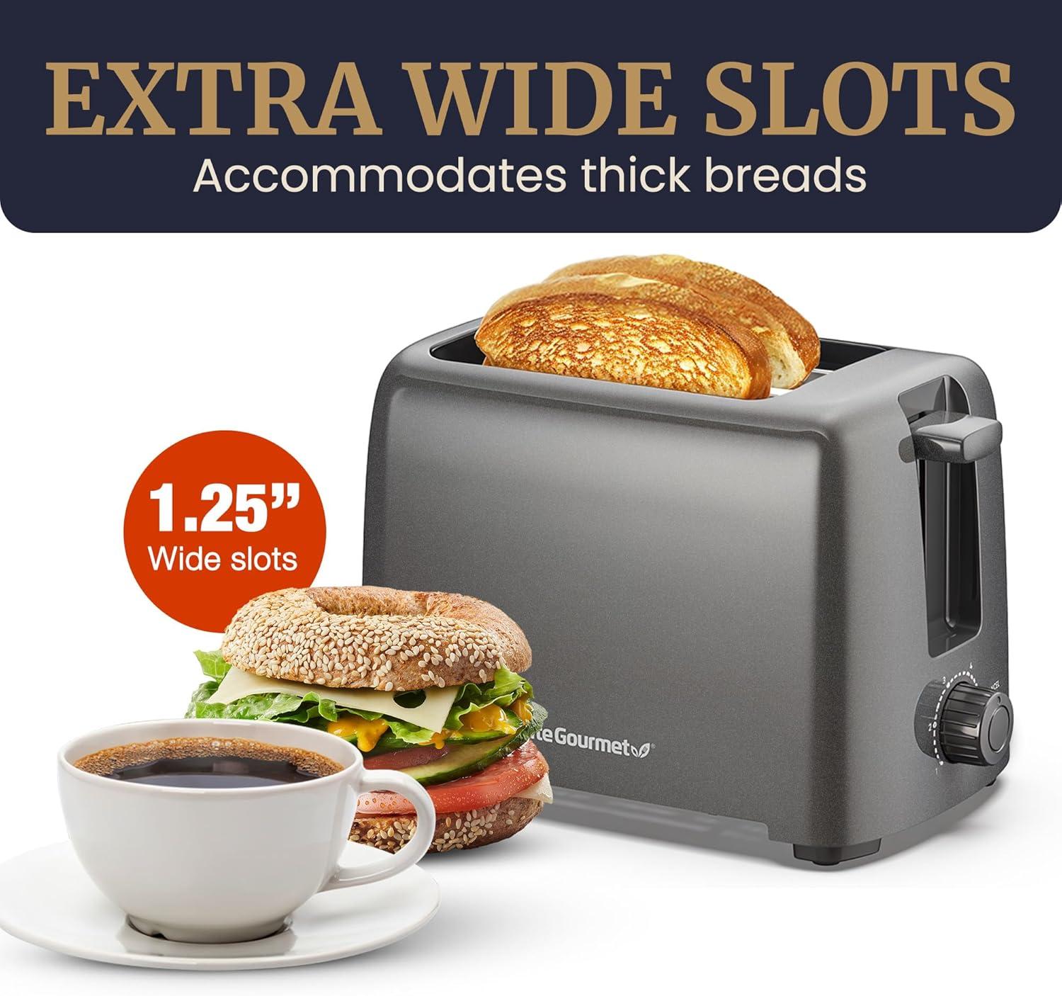 imageElite Gourmet ECT1027G CoolTouch 2 Slice Toaster 6 Toast Settings amp Cancel Function Extra Wide 125 Slots Easily Fits Breads English Muffins Bagels amp Waffles Gunmetal GrayGunmetal Gray