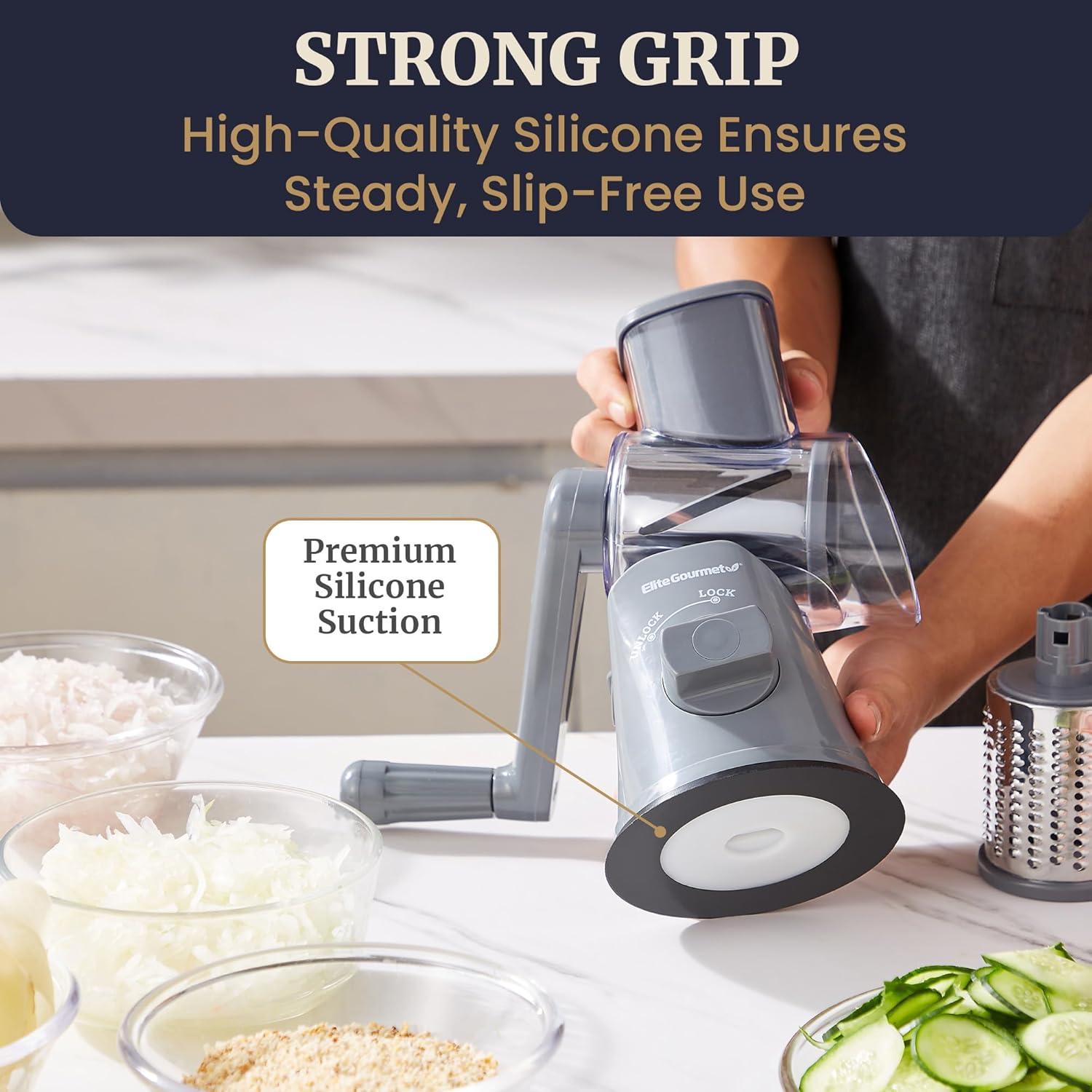 imageElite Gourmet EFP593 Rotary Cheese Grater with 3 StainlessSteel Blades for Slicing Shredding amp Fine Shredding Strong Suction Base DishwasherSafe Grey