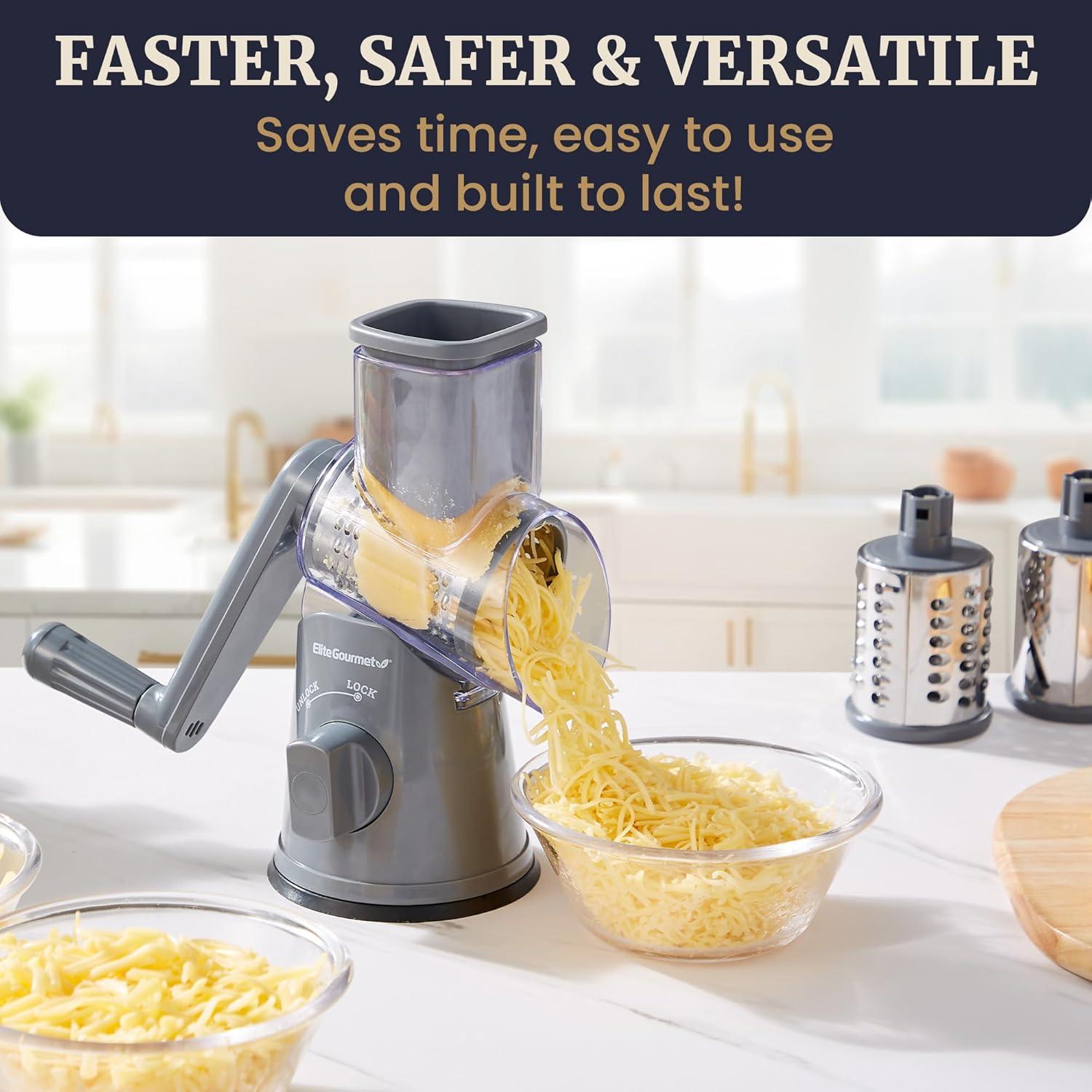 imageElite Gourmet EFP593 Rotary Cheese Grater with 3 StainlessSteel Blades for Slicing Shredding amp Fine Shredding Strong Suction Base DishwasherSafe Grey