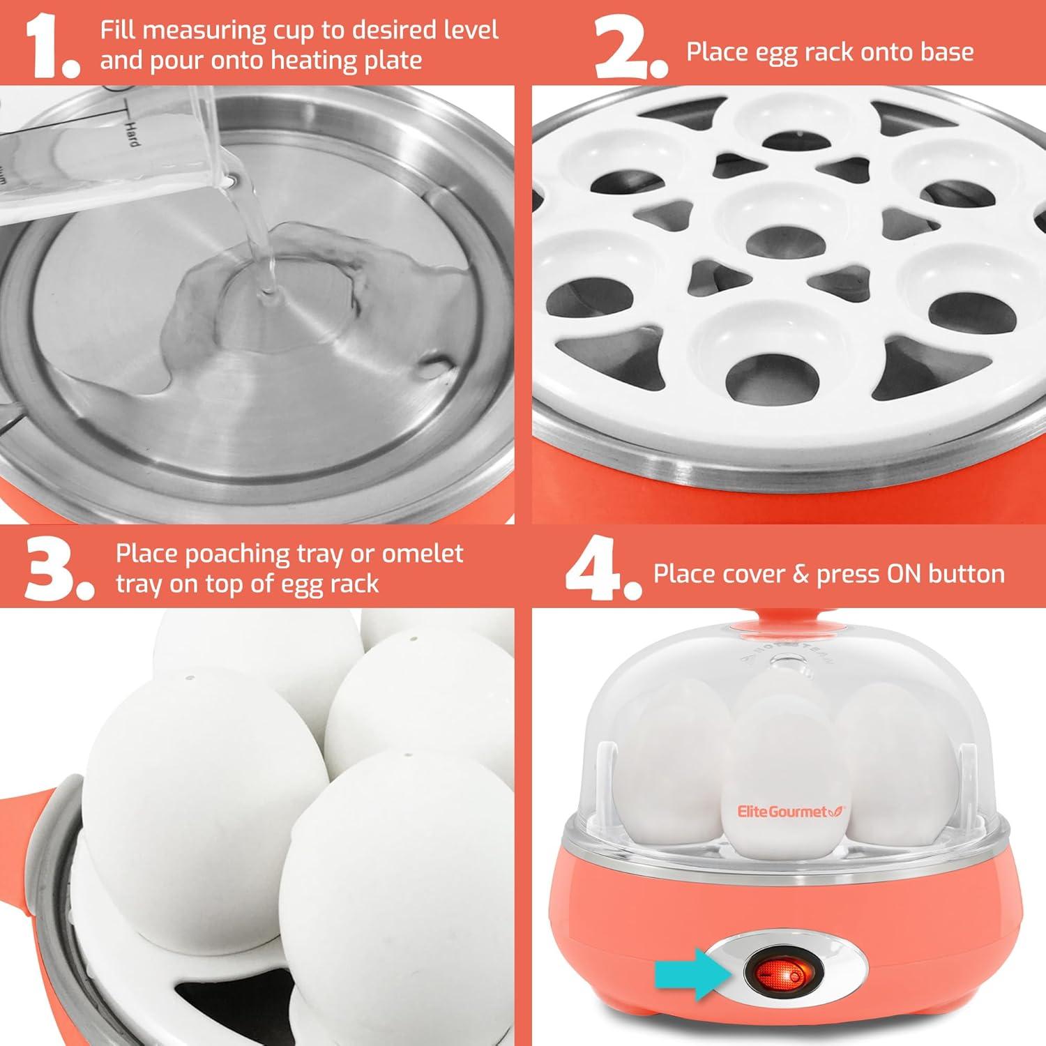 imageElite Gourmet EGC007CBL Rapid Egg Cooker 7 EasyToPeel Hard Medium Soft Boiled Eggs Poacher Omelet Maker Auto ShutOff Alarm 16Recipe Booklet BPAFree CobaltCoral