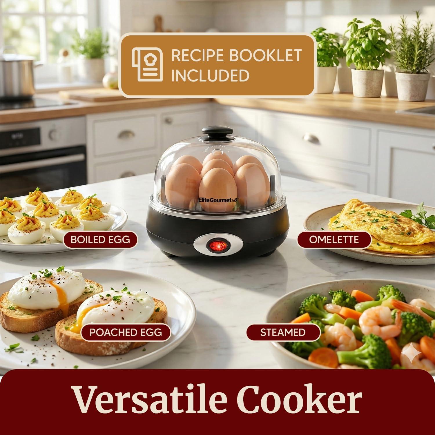 imageElite Gourmet EGC007CBL Rapid Egg Cooker 7 EasyToPeel Hard Medium Soft Boiled Eggs Poacher Omelet Maker Auto ShutOff Alarm 16Recipe Booklet BPAFree CobaltCharcoal Grey