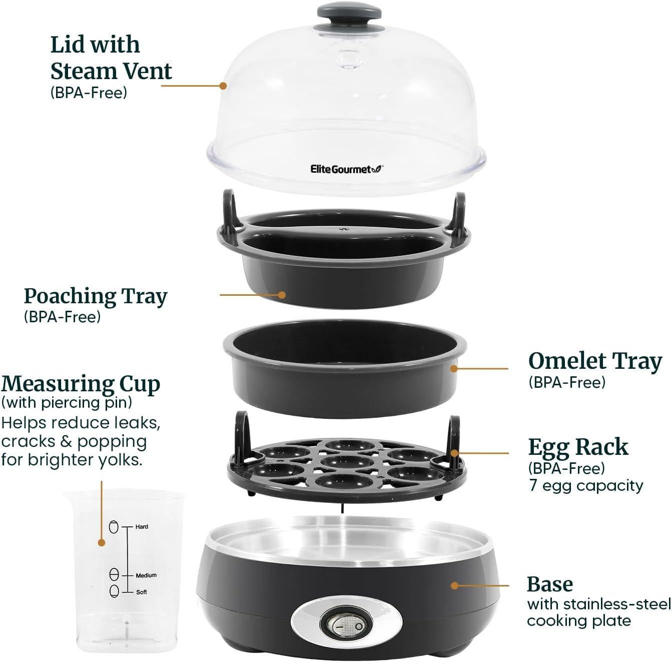 imageElite Gourmet EGC007CBL Rapid Egg Cooker 7 EasyToPeel Hard Medium Soft Boiled Eggs Poacher Omelet Maker Auto ShutOff Alarm 16Recipe Booklet BPAFree CobaltCharcoal Grey