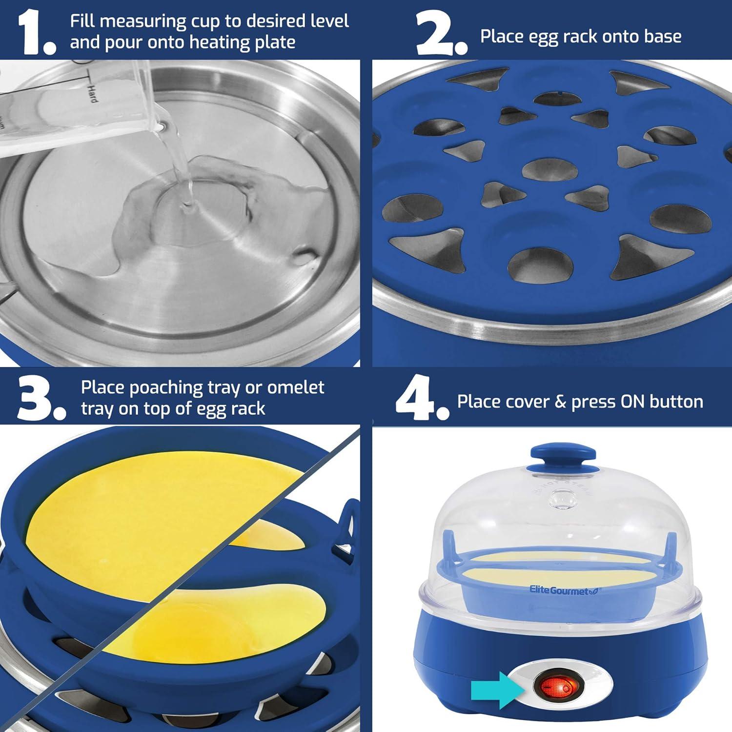 imageElite Gourmet EGC007CBL Rapid Egg Cooker 7 EasyToPeel Hard Medium Soft Boiled Eggs Poacher Omelet Maker Auto ShutOff Alarm 16Recipe Booklet BPAFree CobaltBlue Grey