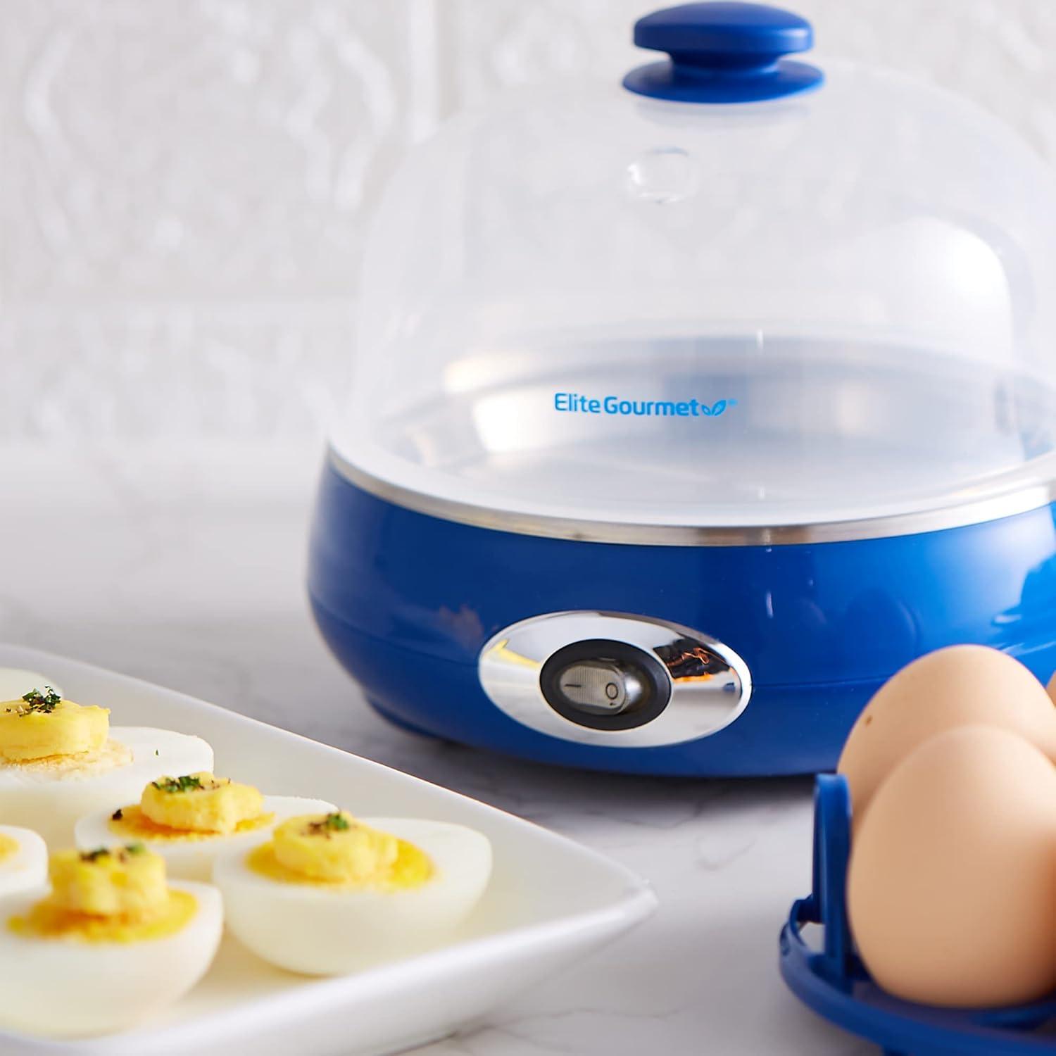 imageElite Gourmet EGC1215B Easy Egg Cooker Stainlesssteel Heating Plate TwoTiered 14Egg Capacity Soft Medium HardBoiled Auto ShutOff Omelets Poached Eggs Measuring Cup Piercing Pin BlackBlue