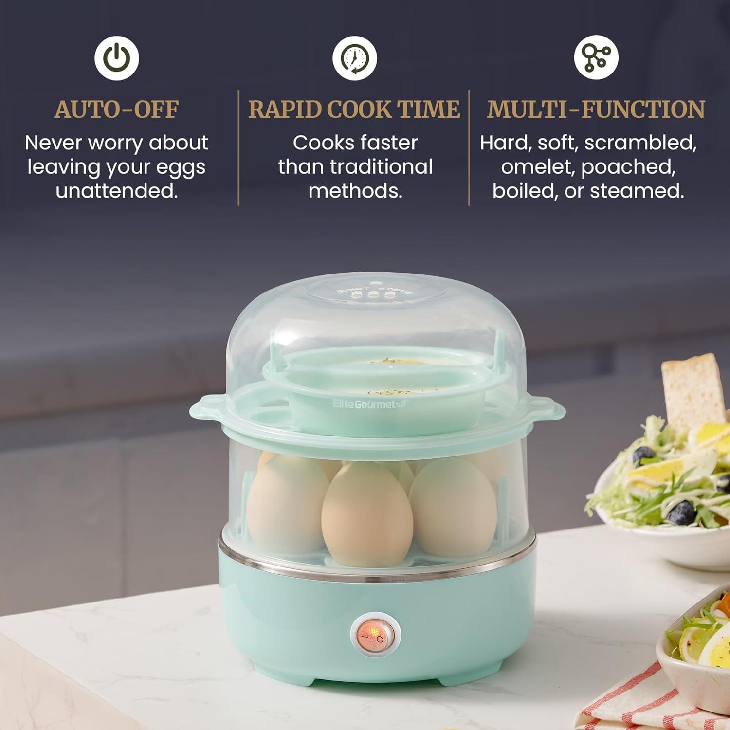 imageElite Gourmet EGC1215B Easy Egg Cooker Stainlesssteel Heating Plate TwoTiered 14Egg Capacity Soft Medium HardBoiled Auto ShutOff Omelets Poached Eggs Measuring Cup Piercing Pin BlackMint
